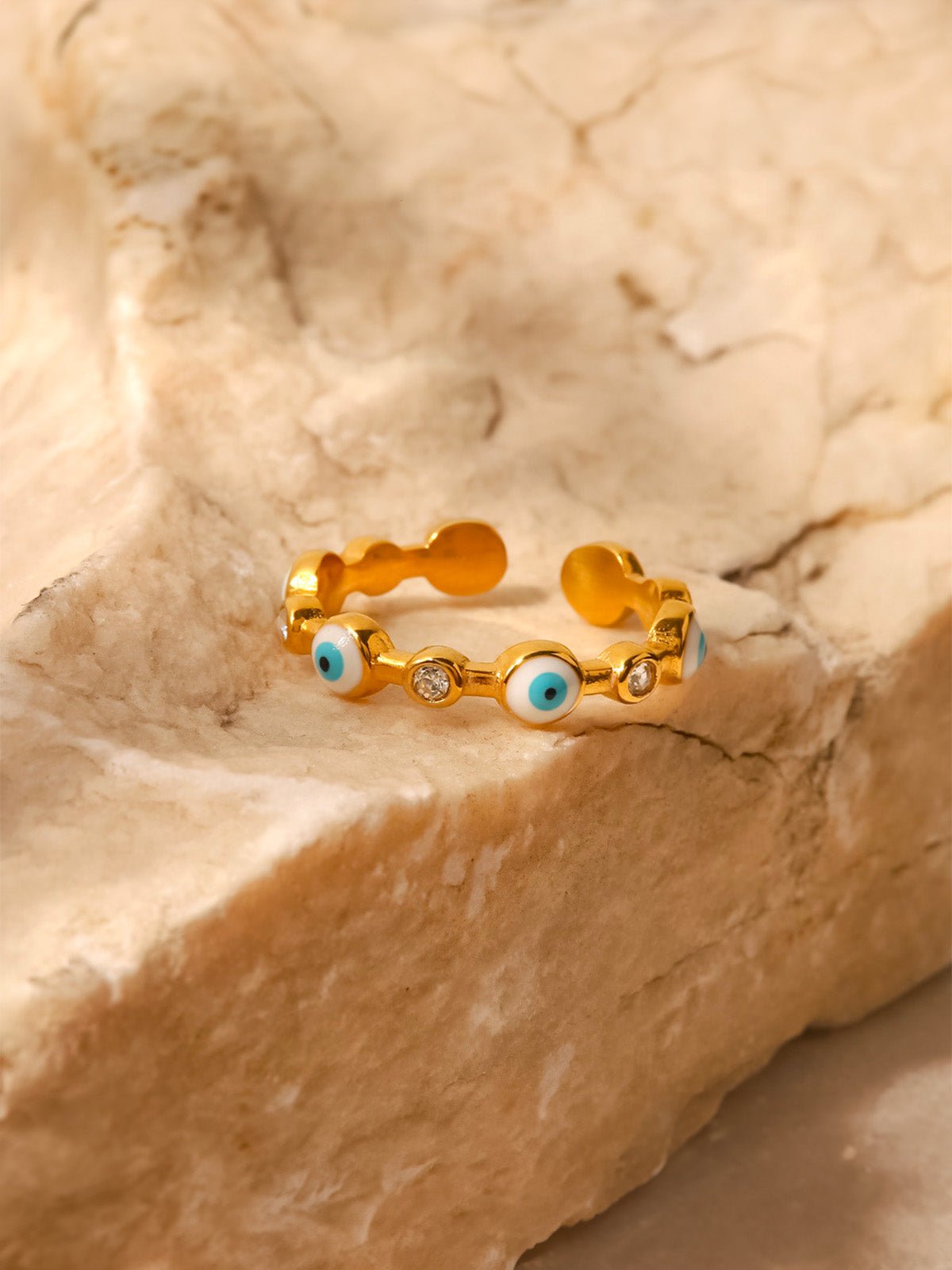 Bague œil protecteur, acier doré, pierre blanche, ajustable, style géométrique, modèle Valérie - Bague - Or