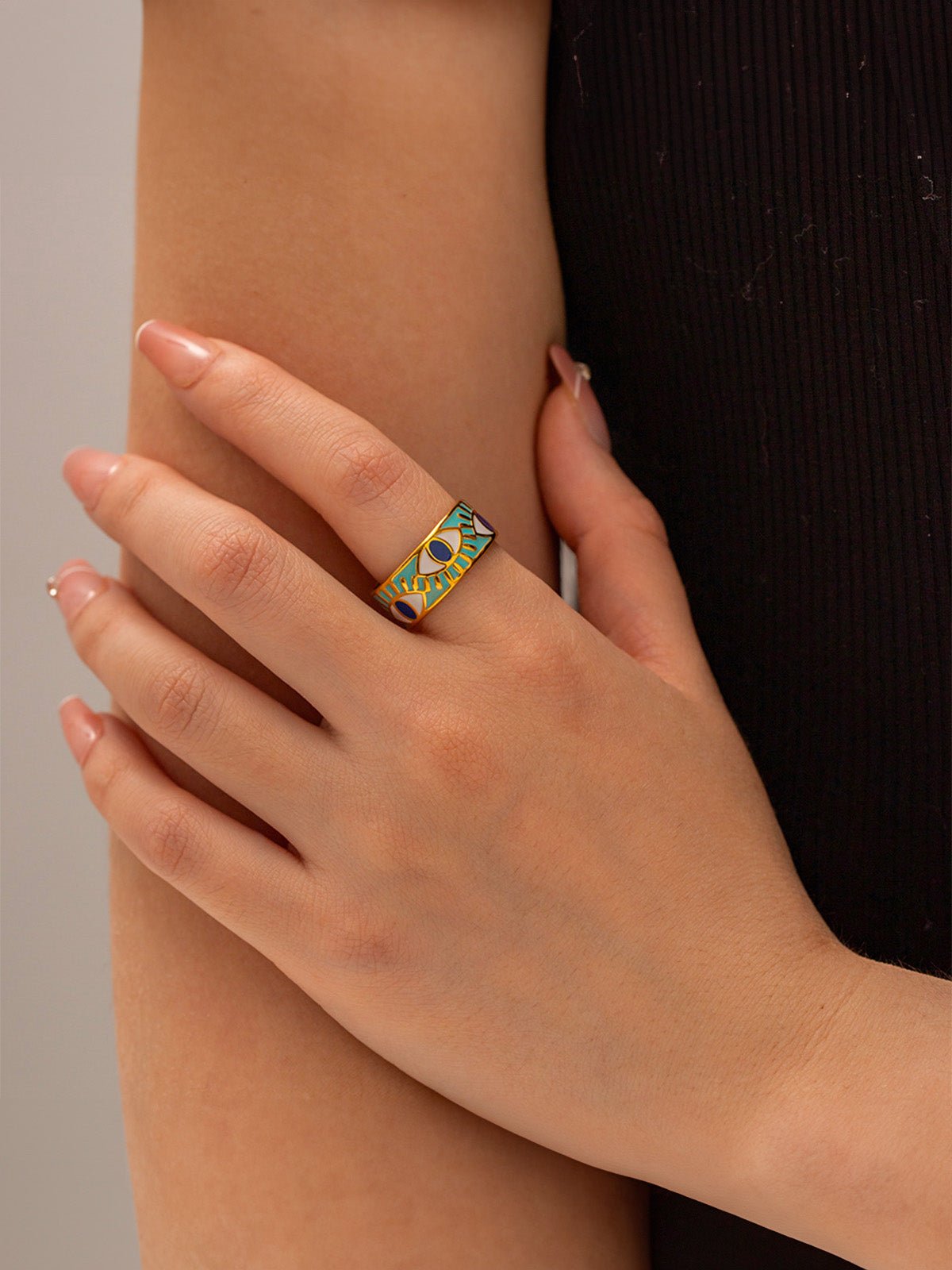 Bague œil protecteur, turquoise bleu, acier inoxydable, motif émaillé, doré, modèle Prota - Bague - Or