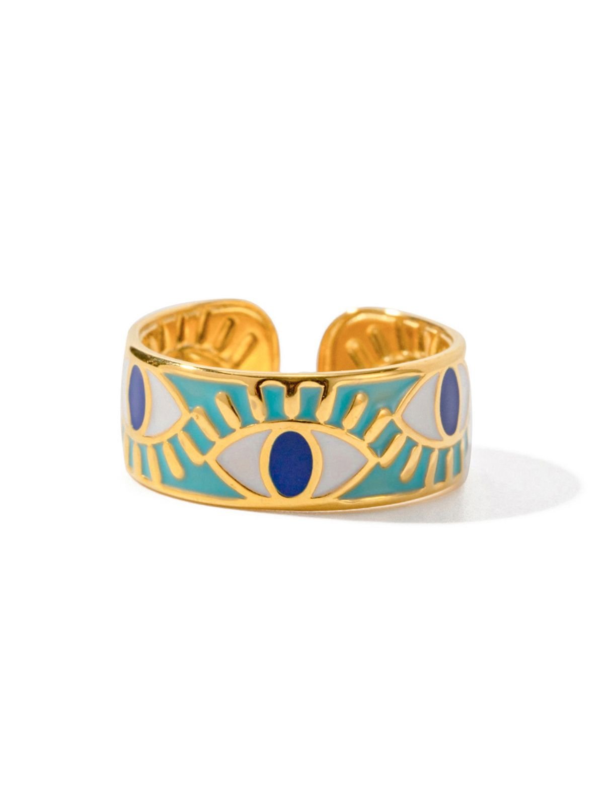 Bague œil protecteur, turquoise bleu, acier inoxydable, motif émaillé, doré, modèle Prota - Bague - Or