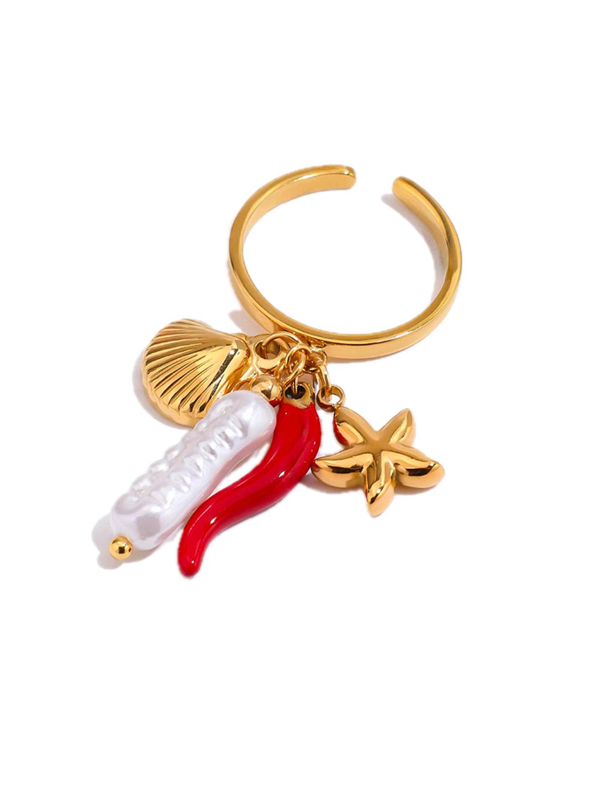 Bague or en acier inoxydable, coquillage, étoile de mer, piment rouge, perle blanche, waterproof, modèle Thaïs - Bague - Or