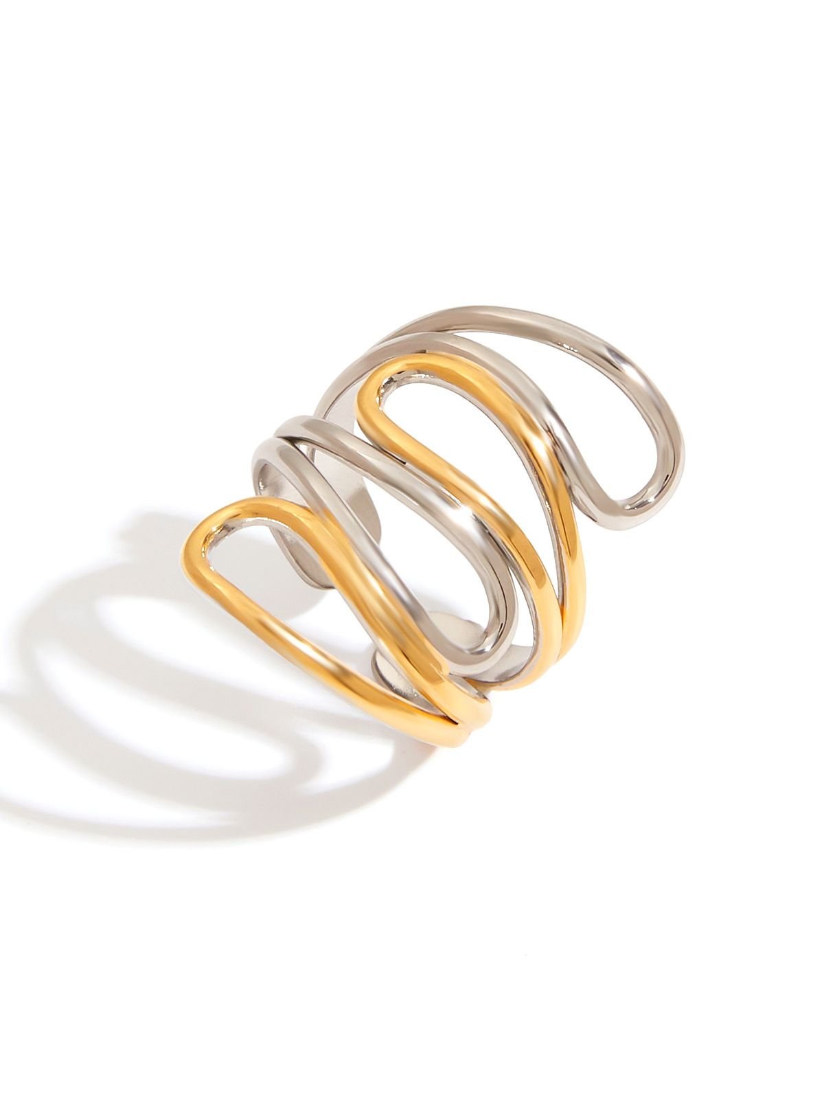 Bague ouverte femme, design ondulé, bicolore or et argent, acier inoxydable, modèle Rika - Bague - Or et argent