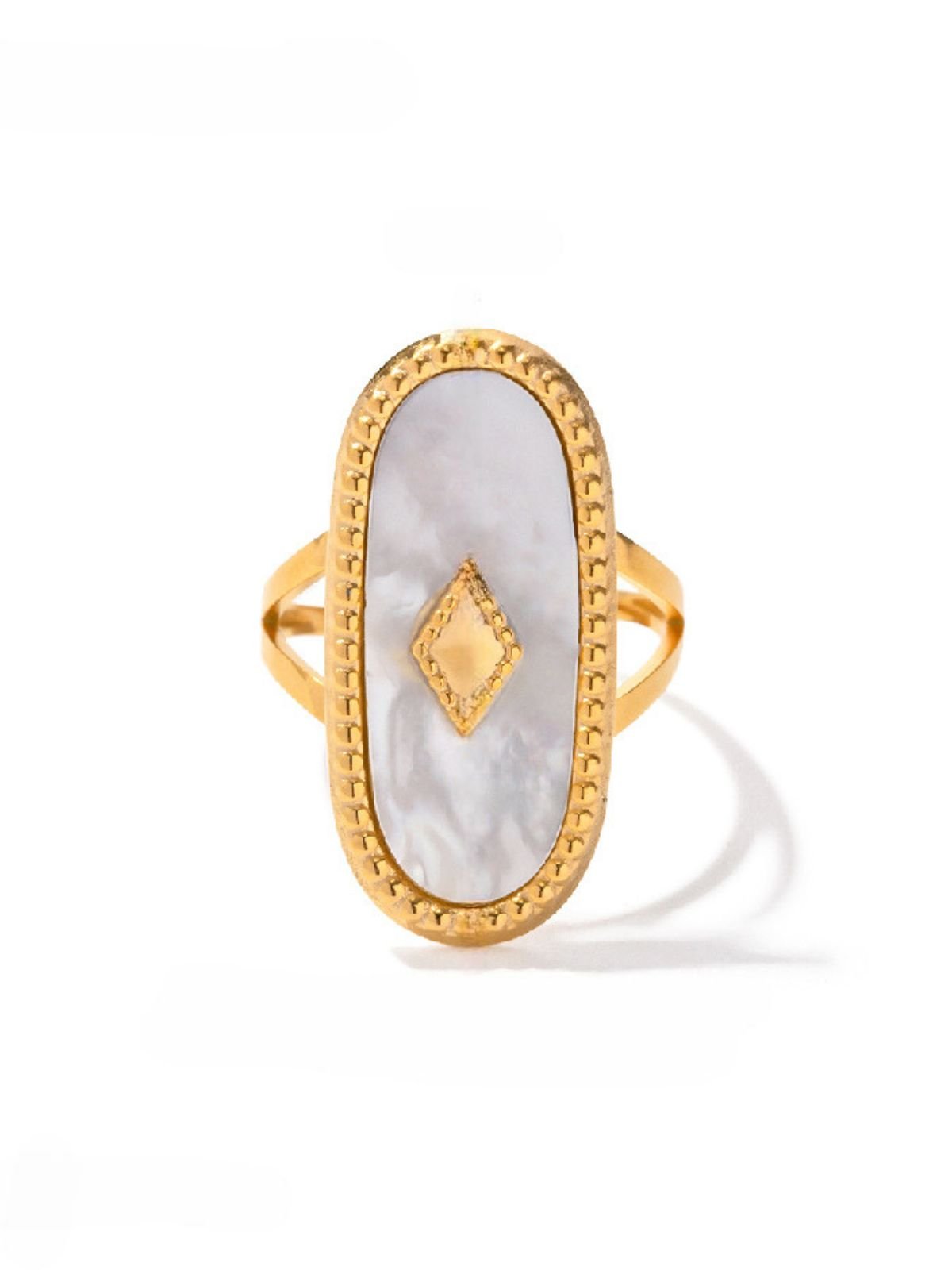 Bague ovale pierre verte, nacre blanche, réglable, acier inoxydable, finition or, modèle Lavine - Bague - Blanc