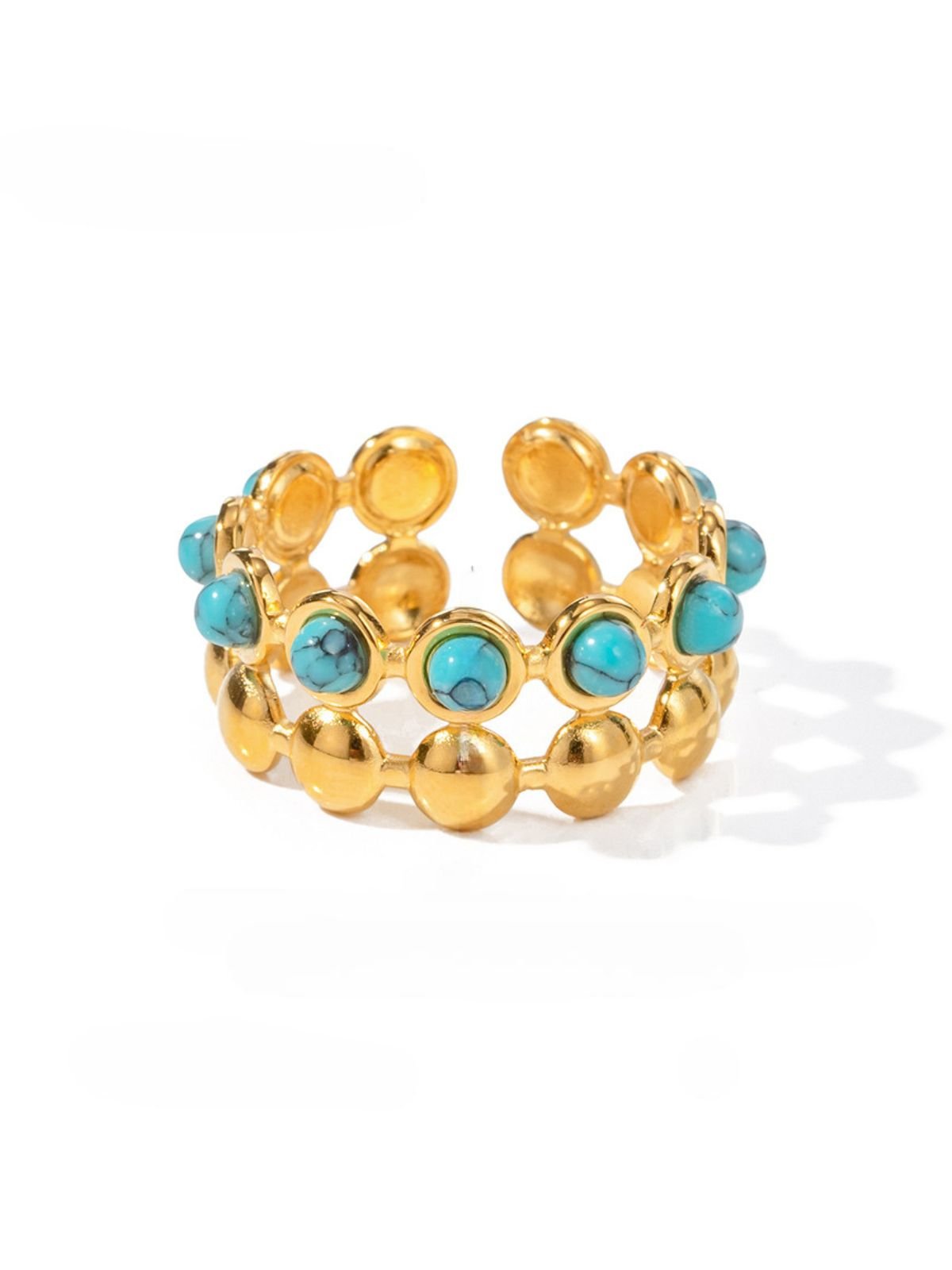 Bague pierre turquoise, cabochons ronds, style solaire, bague ouverte, acier inoxydable doré, modèle Maëva - Bague - Or