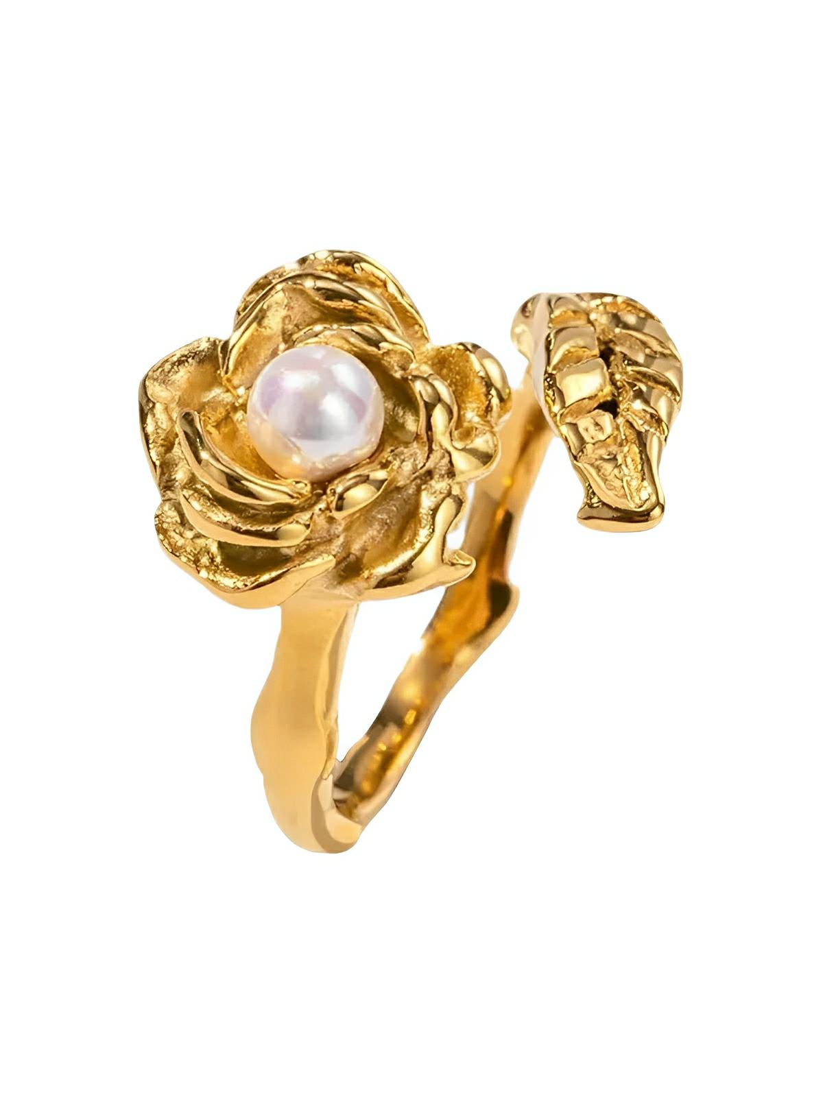 Bague rétro perles camélia, bague mode douce, bague femme acier inoxydable or 18 carats, bague légère luxe, bijou tendance pour déplacements, modèle Koule - Bague - Or S
