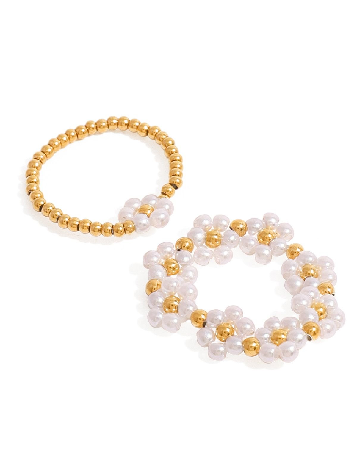 Bagues fleurs perles blanches, anneaux dorés extensibles, duo fantaisie, modèle Sylvie - Bague - Or