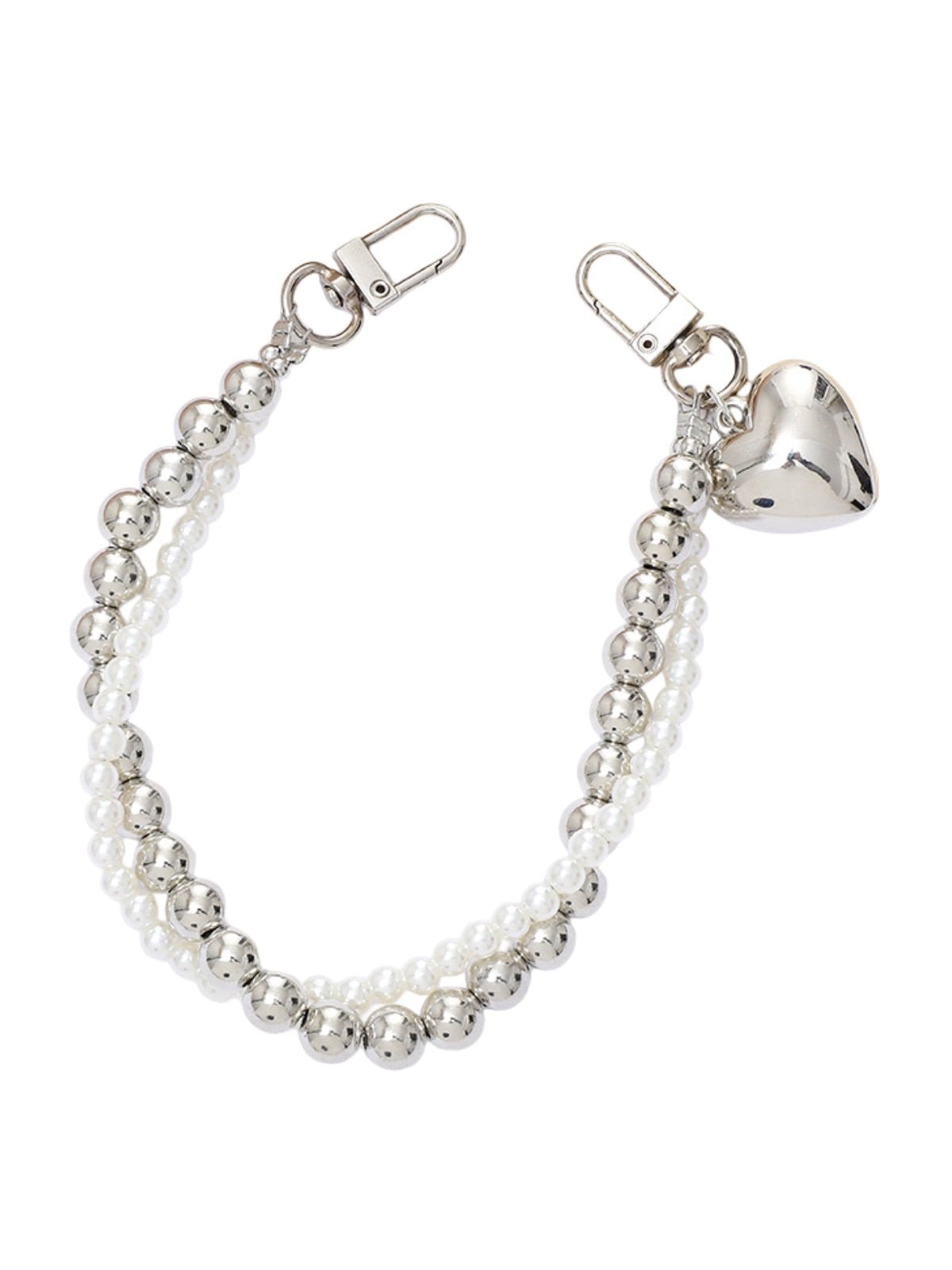 Bijou de sac cœur, perles nacrées, perles noires, perles argentées, double chaîne, mousquetons, modèle Delaya - Blanc