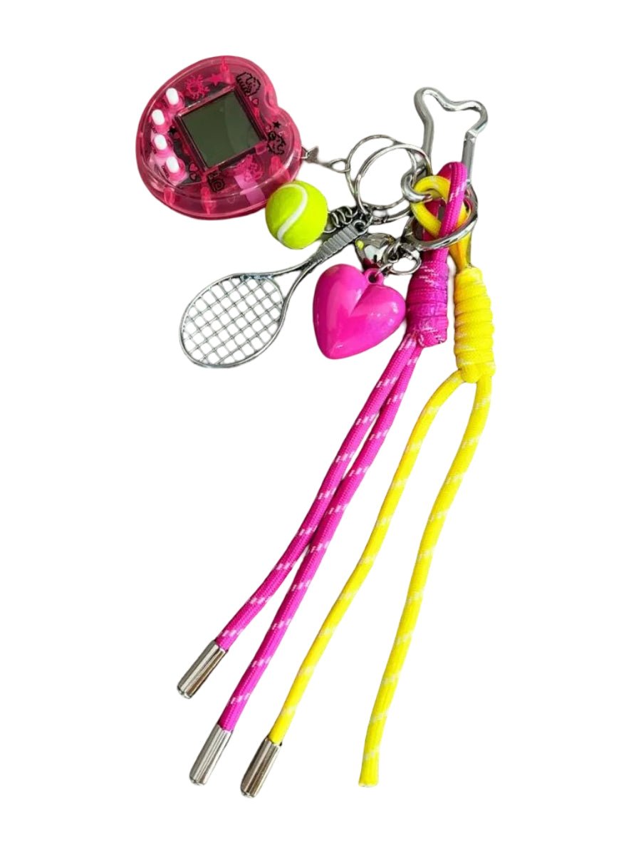 Bijou de sac tamagotchi, breloques tennis, cœur rose, corde tressée, porte - clés fun, modèle Tamago - Multicolore