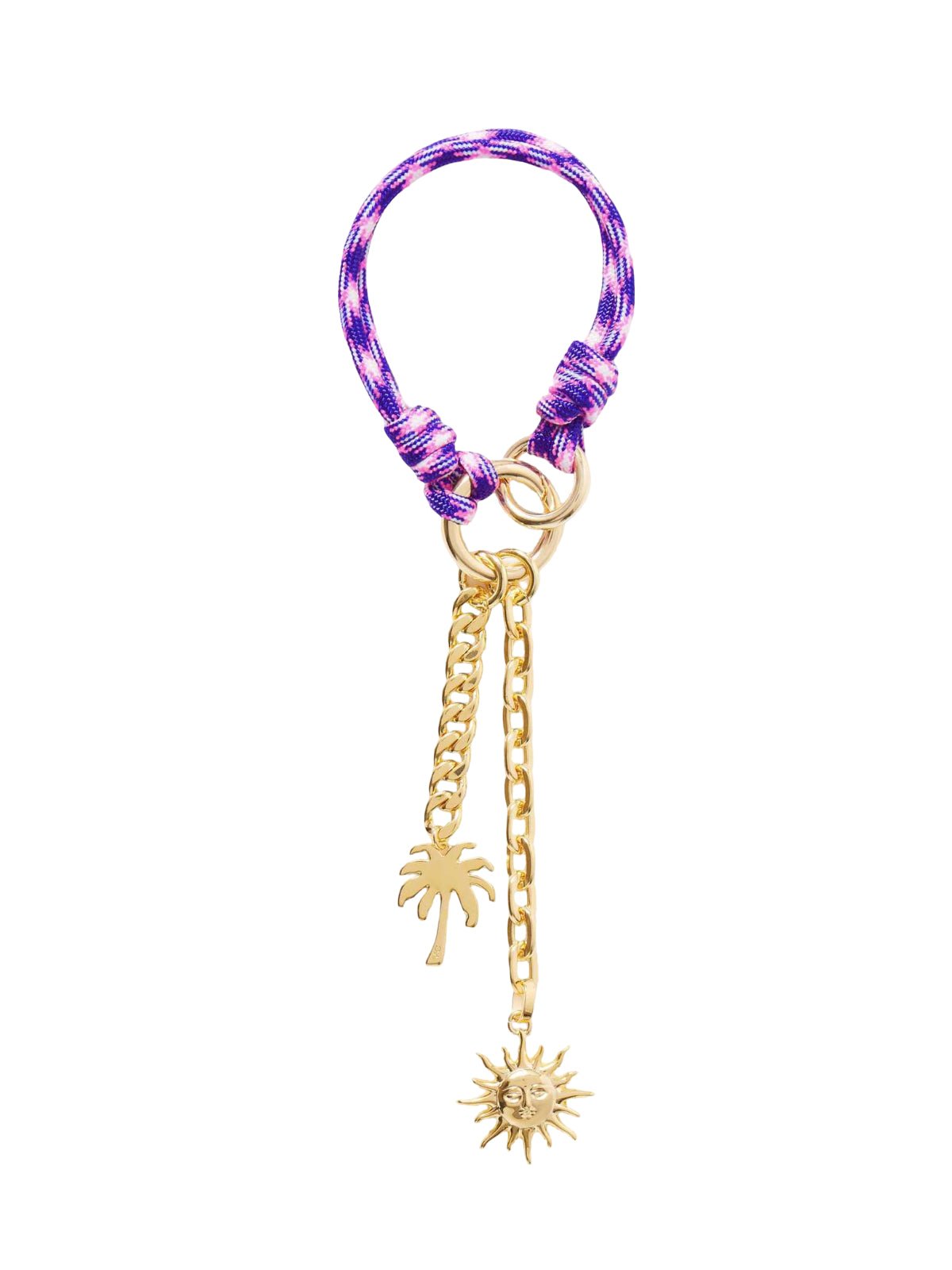 Bijou de sac violet, breloques dorées soleil et palmier, cordon tissé, accessoire fantaisie sac, modèle Alma - Violet