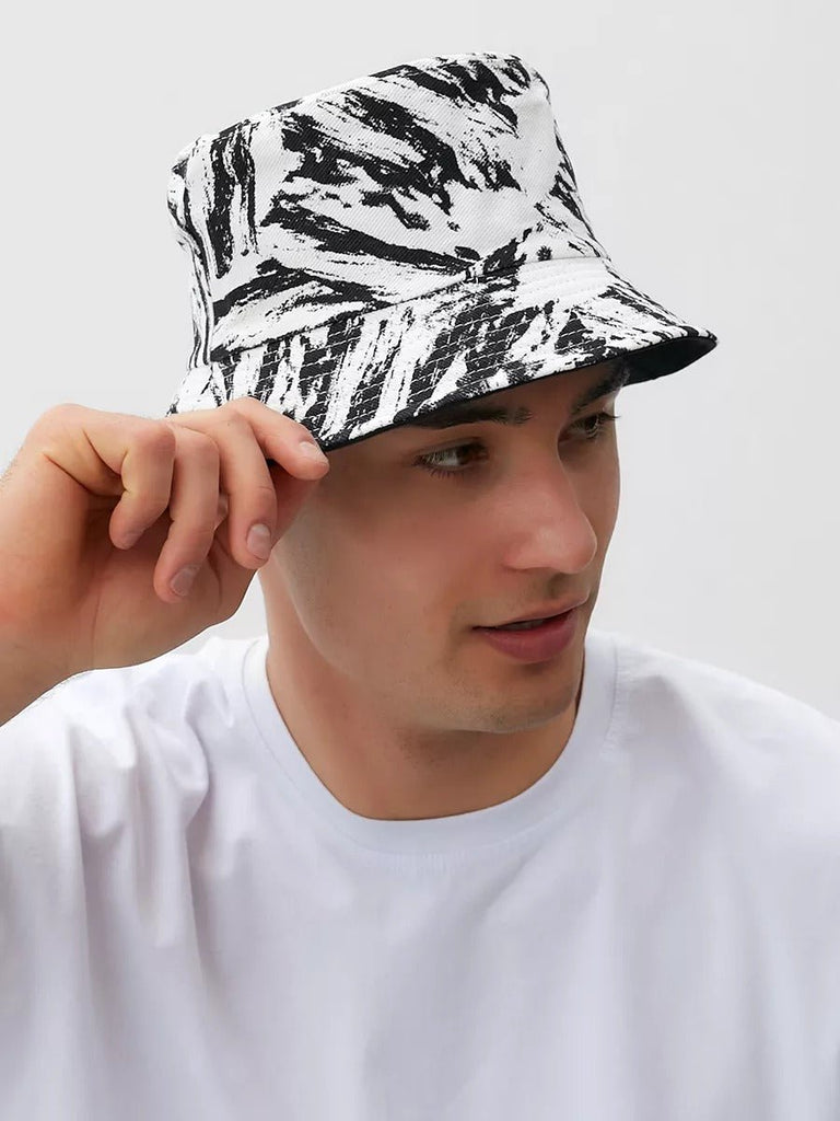 Bob coton réversible, imprimé tie - dye, noir et blanc, homme femme, protection solaire, modèle Vaco - Casquette - Blanc et noir