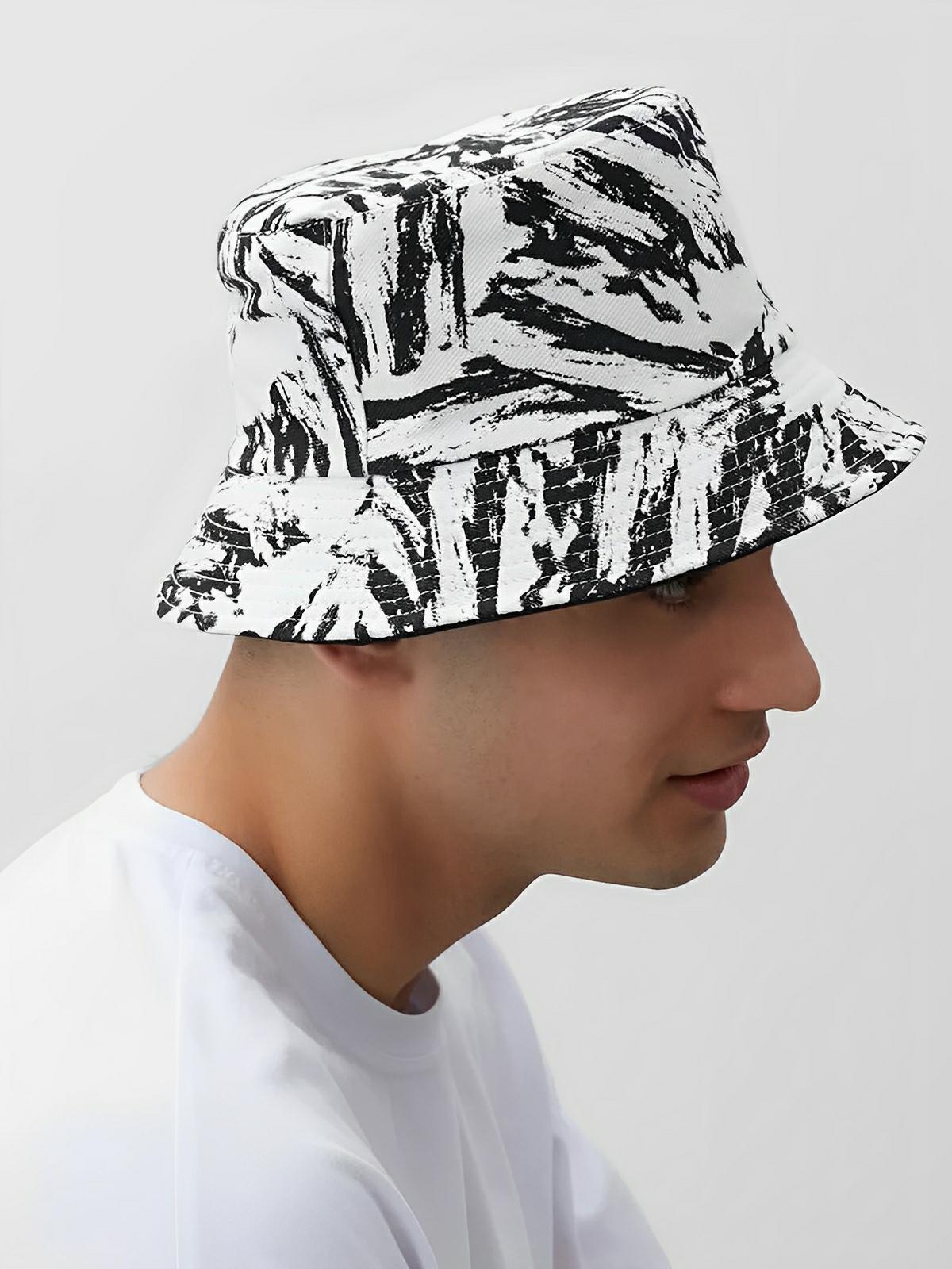 Bob coton réversible, imprimé tie - dye, noir et blanc, homme femme, protection solaire, modèle Vaco - Casquette - Blanc et noir