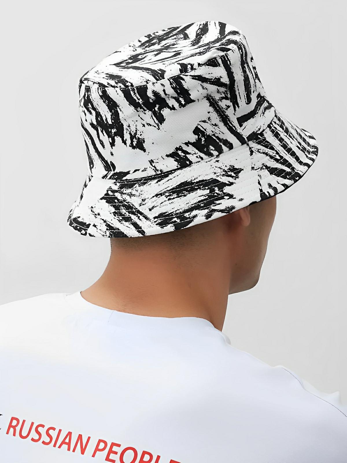 Bob coton réversible, imprimé tie - dye, noir et blanc, homme femme, protection solaire, modèle Vaco - Casquette - Blanc et noir