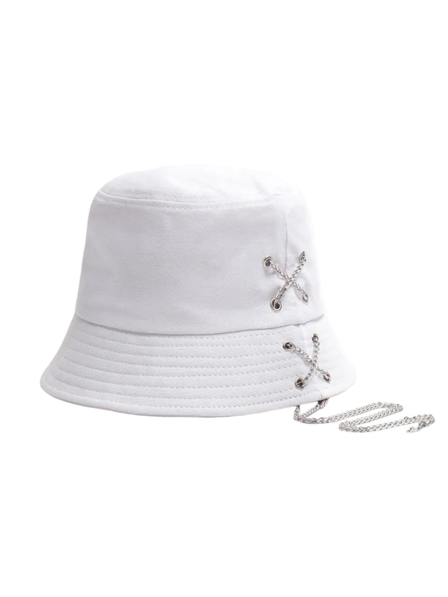 Bob en coton unisexe, chapeau streetwear, avec chaînes, accessoire Y2K, modèle Kaina - Bob - Blanc