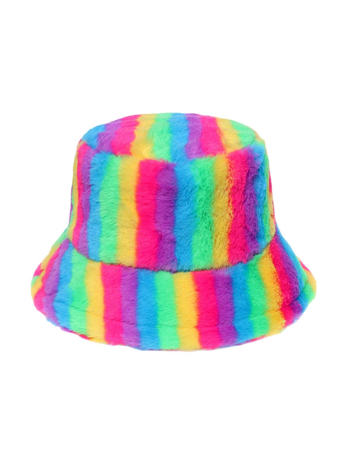 Bob en fausse fourrure, chapeau rayé multicolore, bucket hat doux et chaud, couvre - chef hiver, modèle Malda - Bob - Style 1
