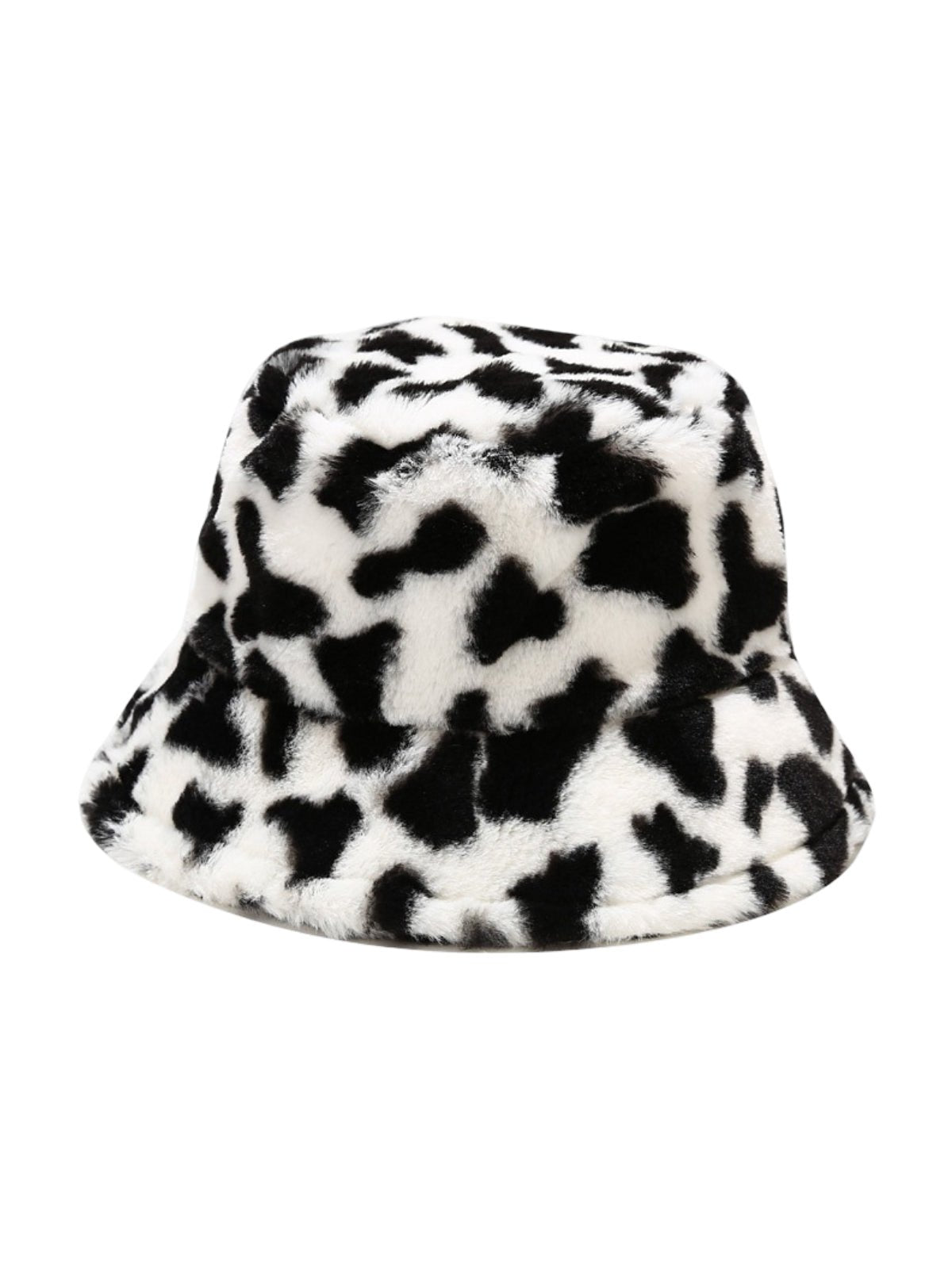 Bob fausse fourrure, motif vache noir blanc, hiver doux, panama chaud, accessoire tendance streetwear, modèle Enila - Bob - Noir et blanc
