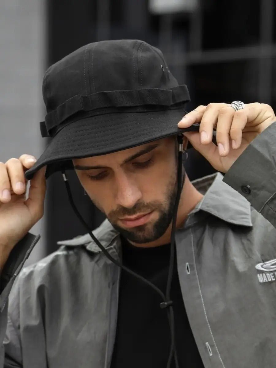 Bob streetwear et techwear, ajustable, anti - UV, avec cordon, gorpcore, chapeau de randonnée, modèle Elior - Bob - Noir