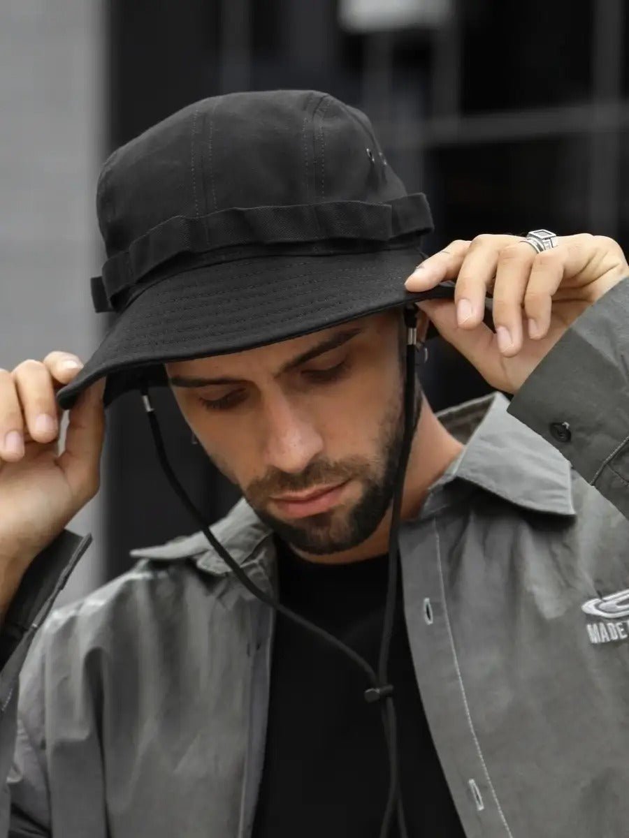 Bob streetwear et techwear, ajustable, anti - UV, avec cordon, gorpcore, chapeau de randonnée, modèle Elior - Bob - Noir