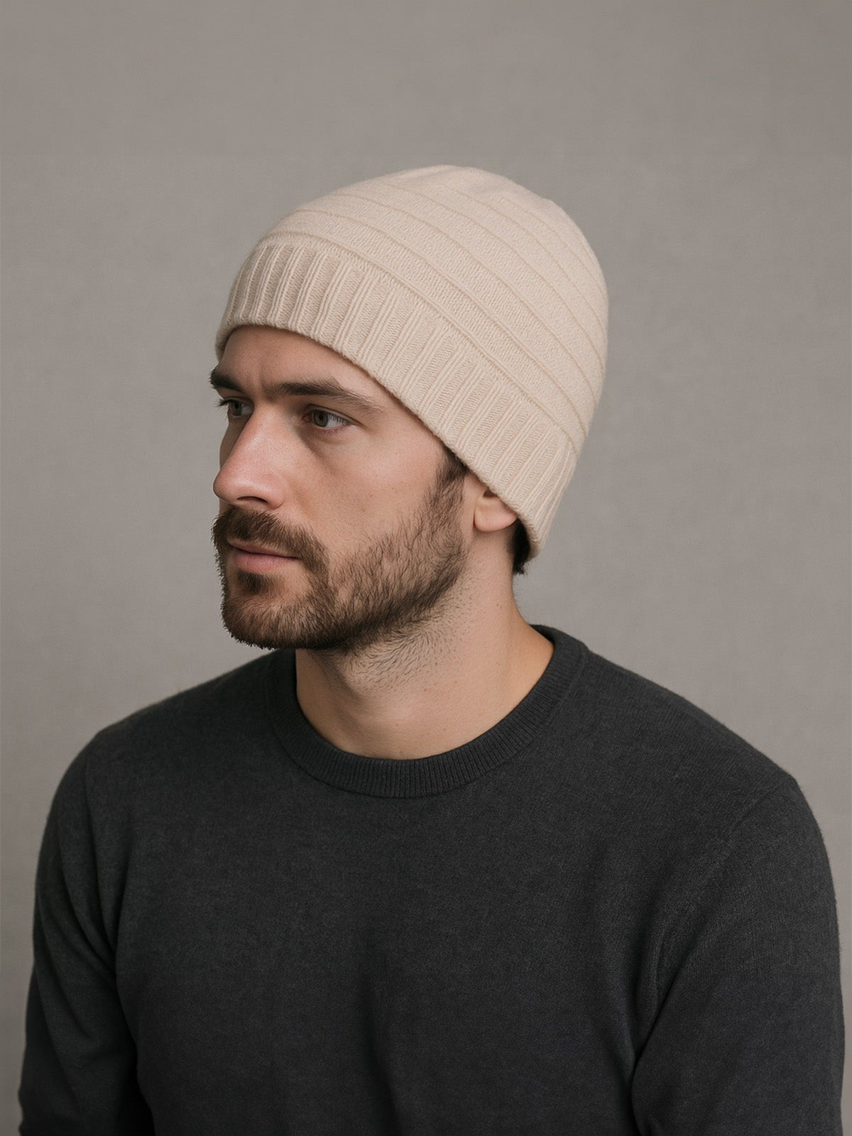Bonnet en cachemire unisexe, tricoté souple, hiver doux et chaud, style simple, coupe ronde, sans visière, modèle Enor - Bonnets - Beige