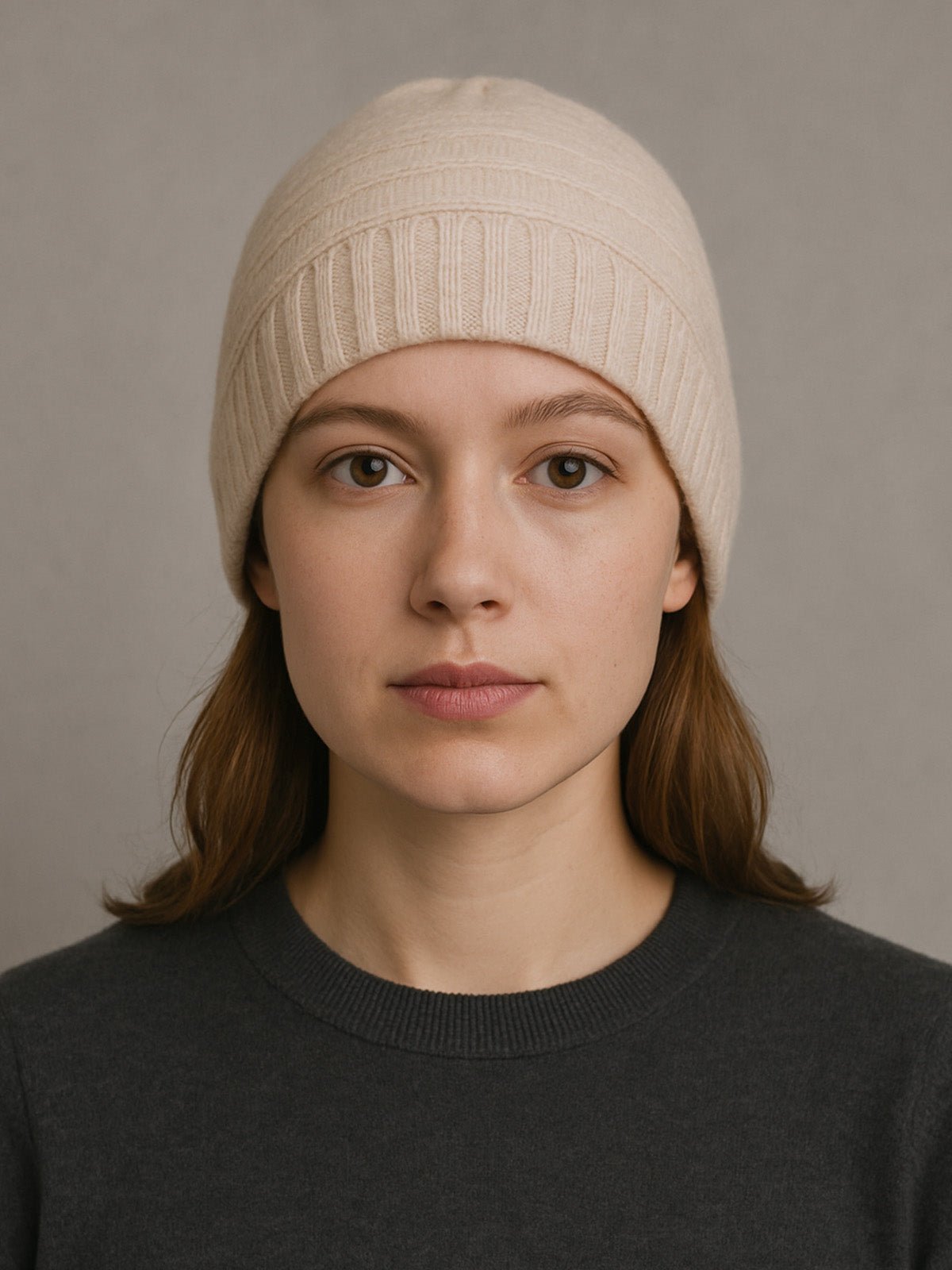 Bonnet en cachemire unisexe, tricoté souple, hiver doux et chaud, style simple, coupe ronde, sans visière, modèle Enor - Bonnets - Beige
