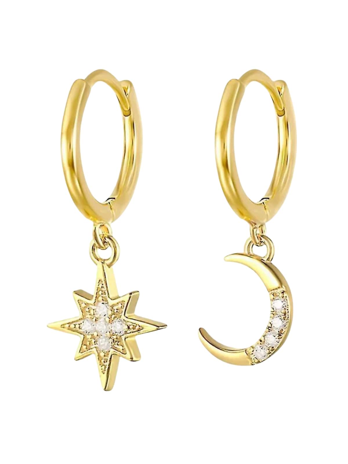 Boucles d'oreilles asymétriques, acier inoxydable, lune, étoile, zircon, femme, modèle Noélie - Boucles d'oreilles - Or 60 mm