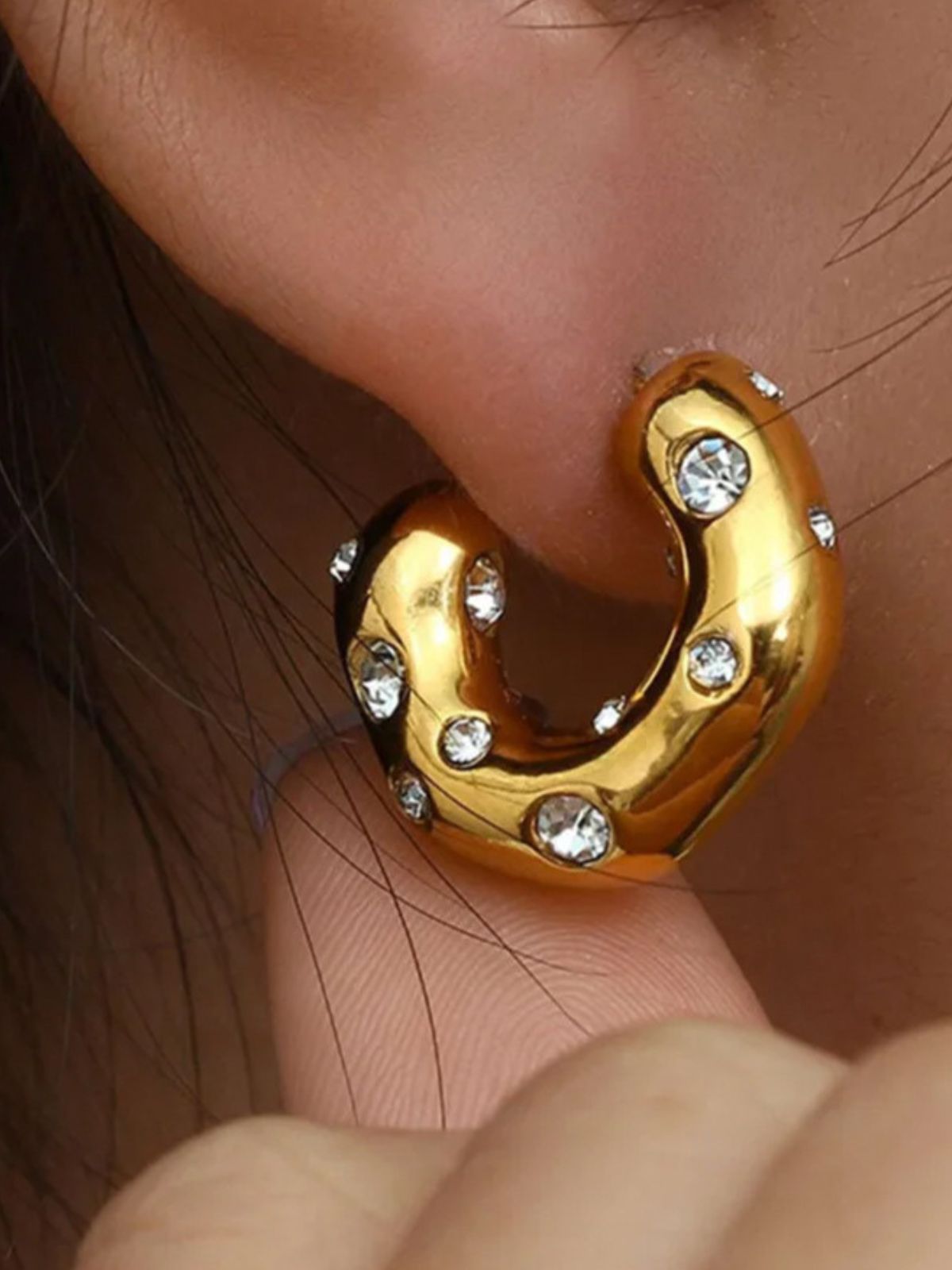 Boucles d'oreilles C, acier inoxydable, or 18 carats, rétro, style géométrique, strass, modèle Jeromia - Boucles d'oreilles - Or 60 mm