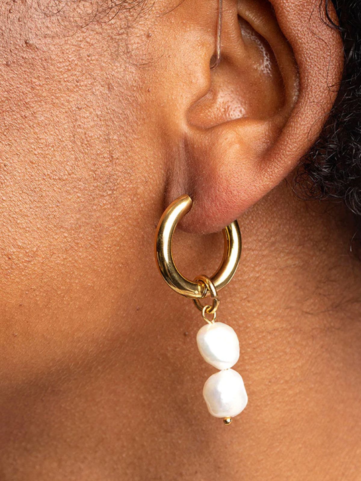 Boucles d'oreilles femme, perles d'eau douce, acier inoxydable, or 18K, design géométrique, modèle Joffrine - Boucles d'oreilles - Or 75 mm