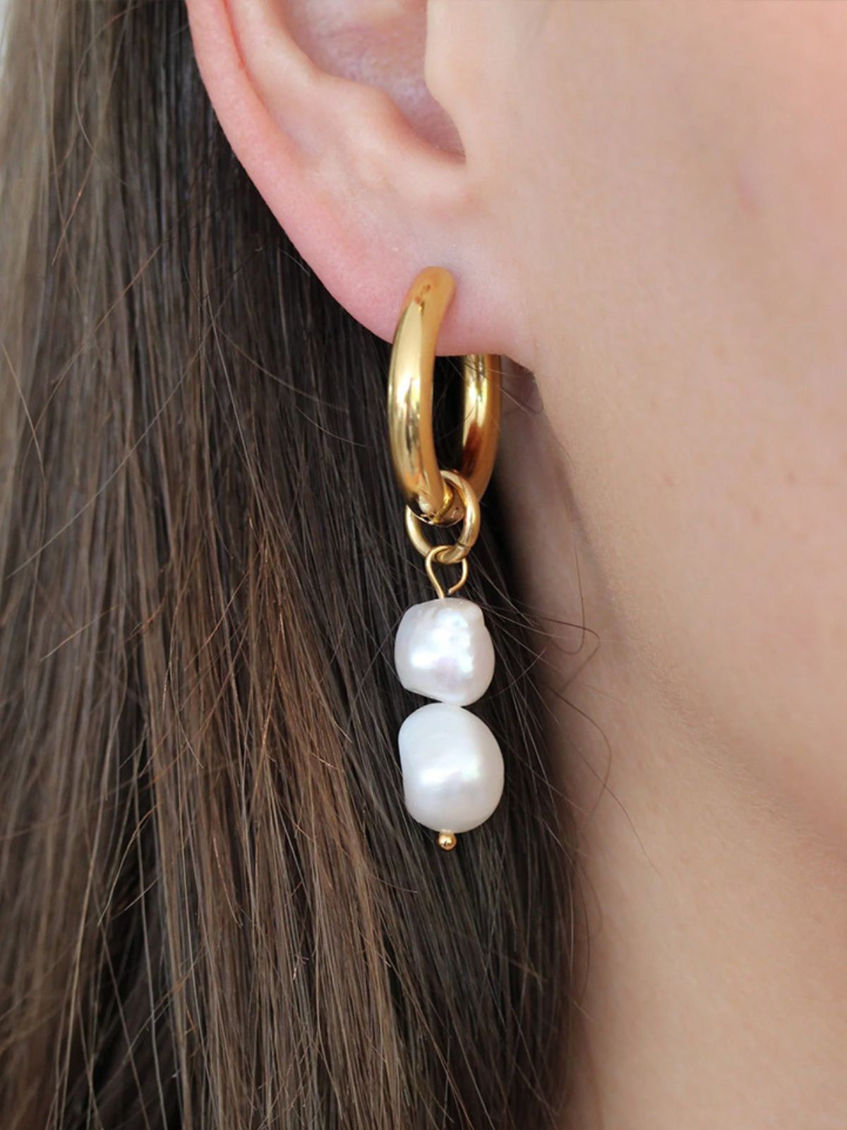 Boucles d'oreilles femme, perles d'eau douce, acier inoxydable, or 18K, design géométrique, modèle Joffrine - Boucles d'oreilles - Or 75 mm