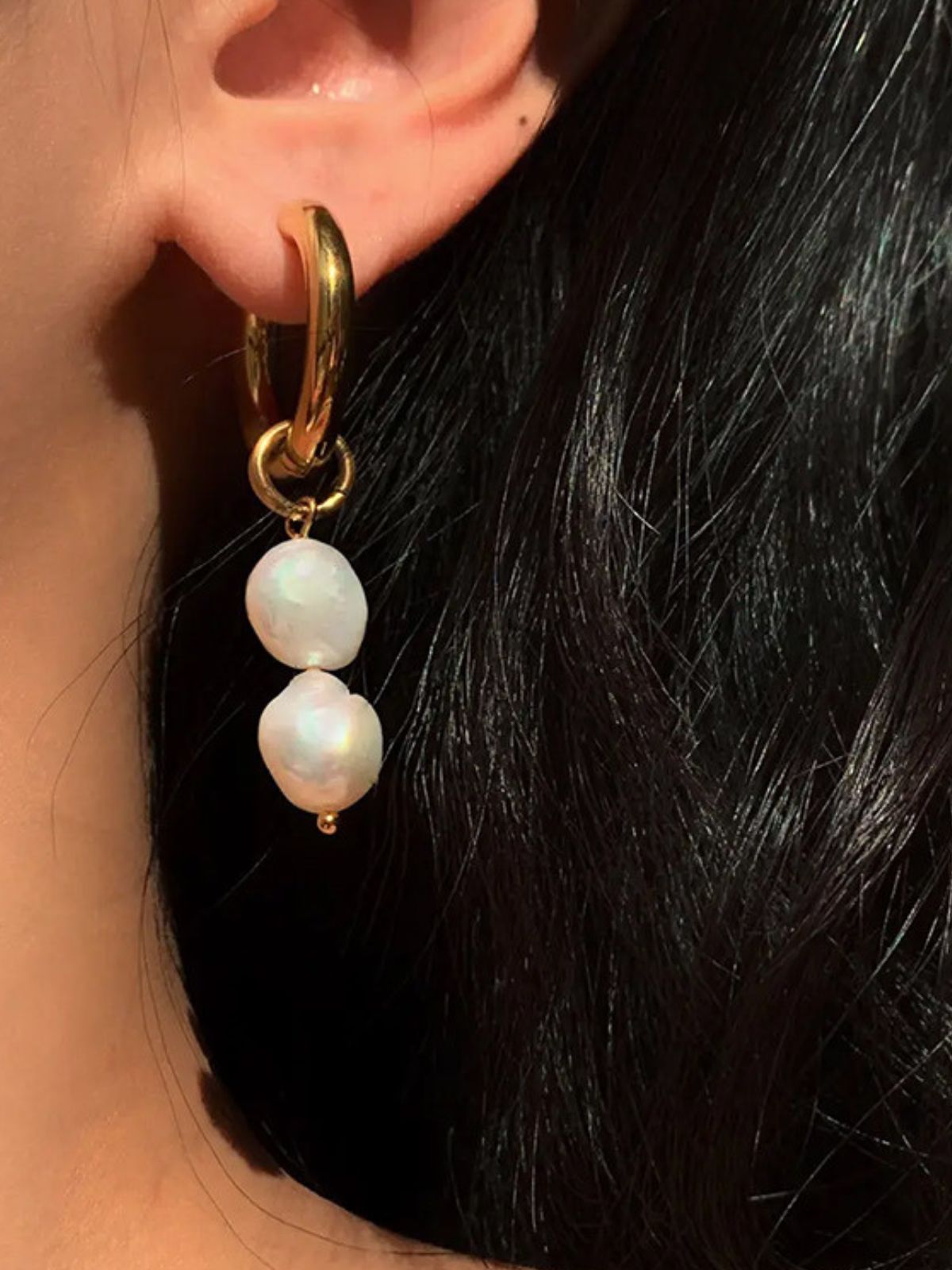 Boucles d'oreilles femme, perles d'eau douce, acier inoxydable, or 18K, design géométrique, modèle Joffrine - Boucles d'oreilles - Or 75 mm