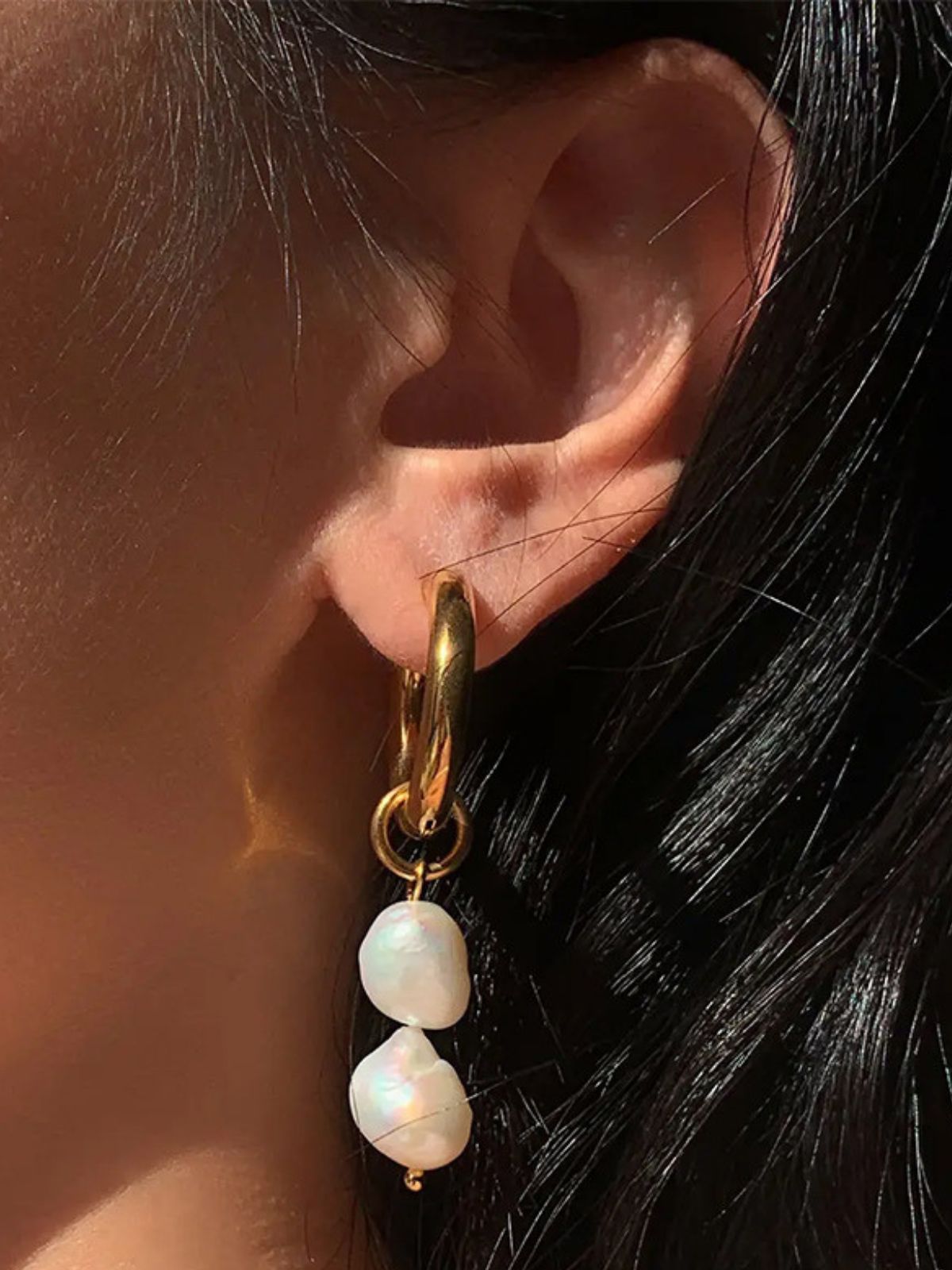 Boucles d'oreilles femme, perles d'eau douce, acier inoxydable, or 18K, design géométrique, modèle Joffrine - Boucles d'oreilles - Or 75 mm