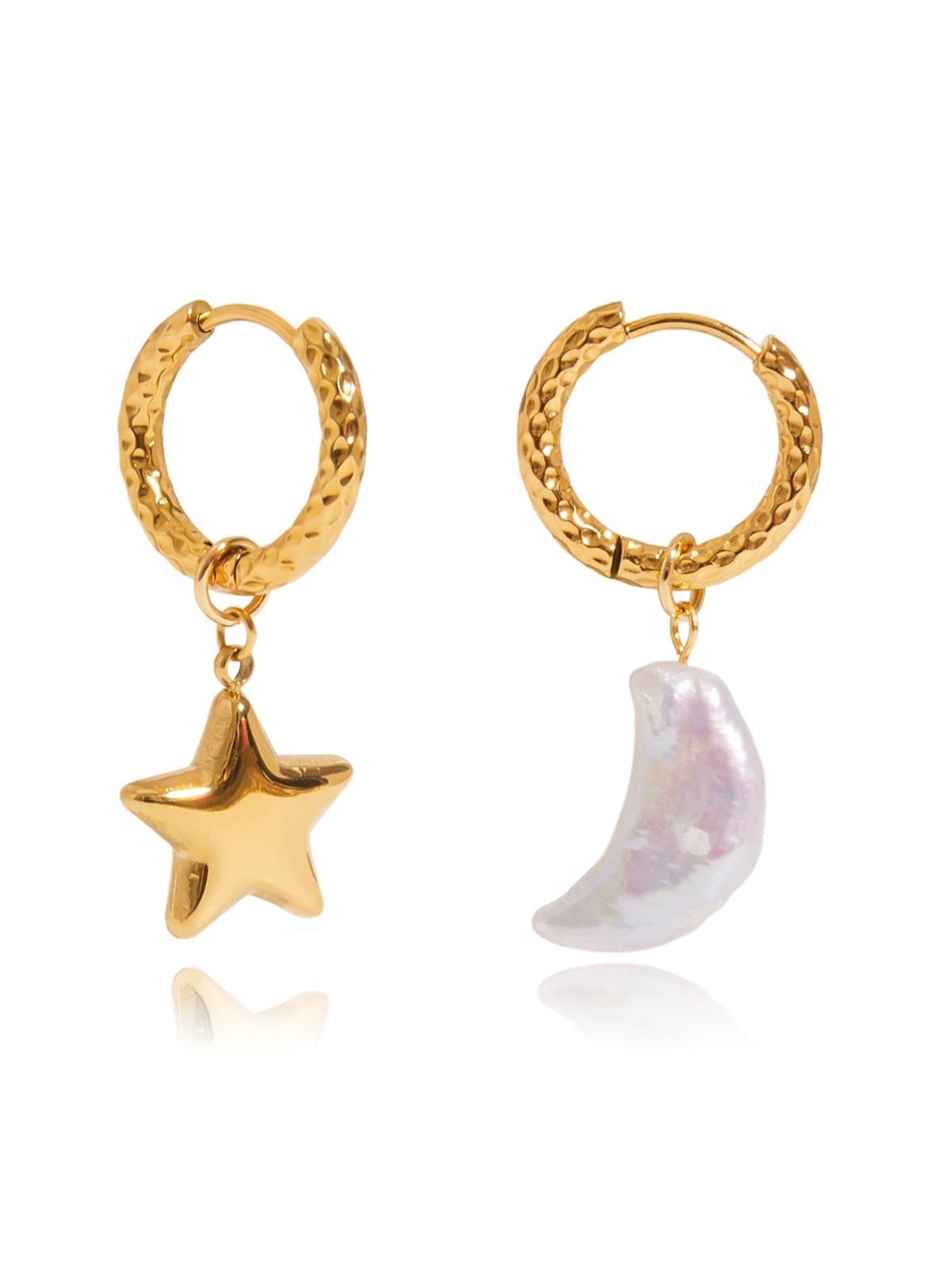 Boucles d'oreilles lune étoile, acier inoxydable, plaqué or 18K, nacre naturelle, hypoallergénique, modèle Mireille - Boucles d'oreilles - Or