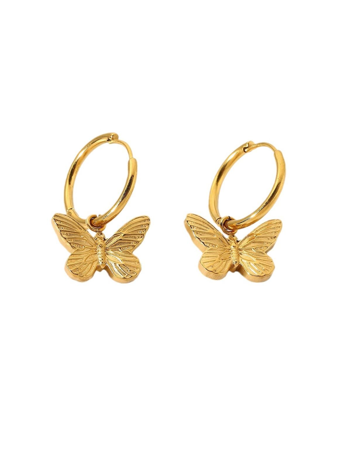 Boucles d’oreilles papillon, créoles dorées, acier inoxydable, pendentif délicat, effet lumineux, modèle Pyra - Boucles d'oreilles - Or