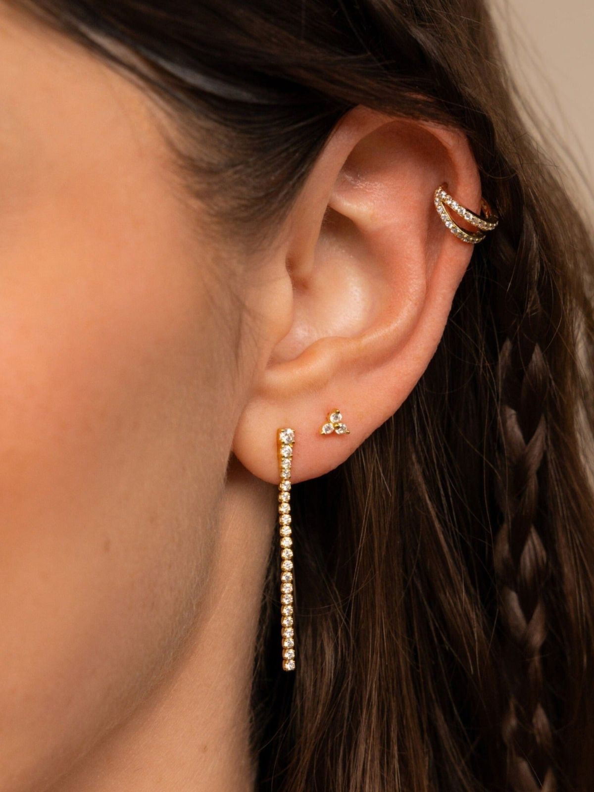 Boucles d'oreilles pendantes, zirconium cubique, acier inoxydable doré, bijou tendance femme, modèle Rosalie - Boucles d'oreilles - Or