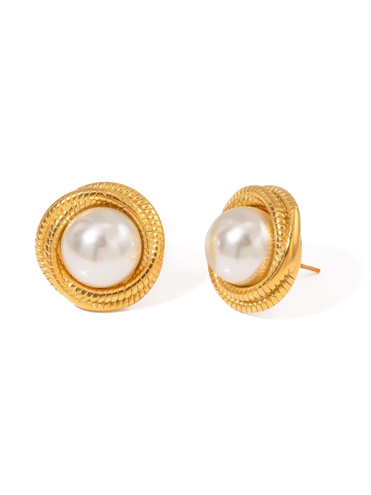 Boucles d’oreilles perle blanche, rondes dorées, plaquées or 18K, style vintage, puces chic, modèle Madeline - Boucles d'oreilles - Or