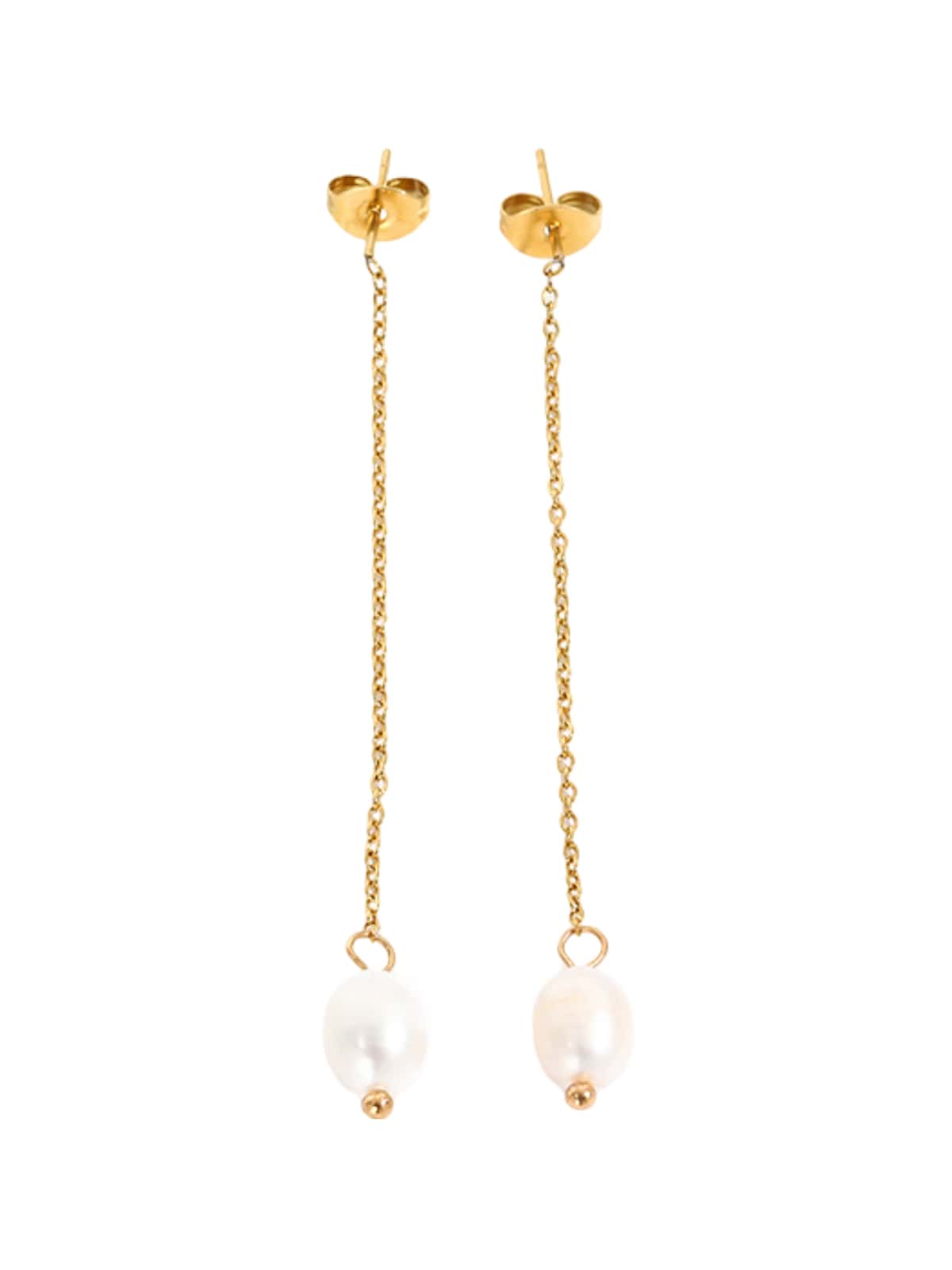Boucles d’oreilles perles baroques, acier titane plaqué or, longues chaînes pendantes, design géométrique, style moderne, modèle Nargisse - Boucles d'oreilles - Or 50 mm