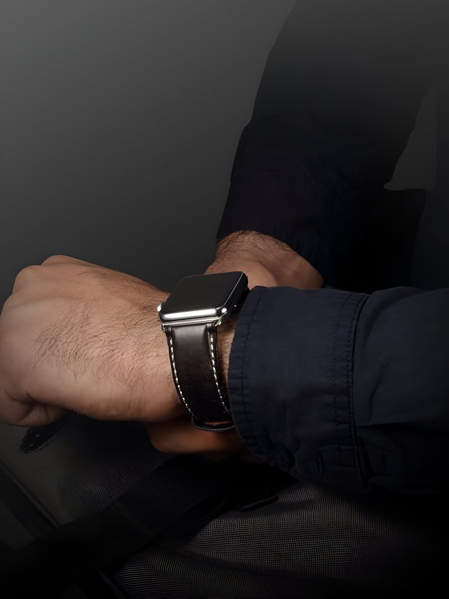 Bracelet Apple Watch cuir véritable, acier inoxydable, ajustable, pour l'homme moderne, modèle Lino - Bracelet Apple Watch - Noir 38 à 42mm