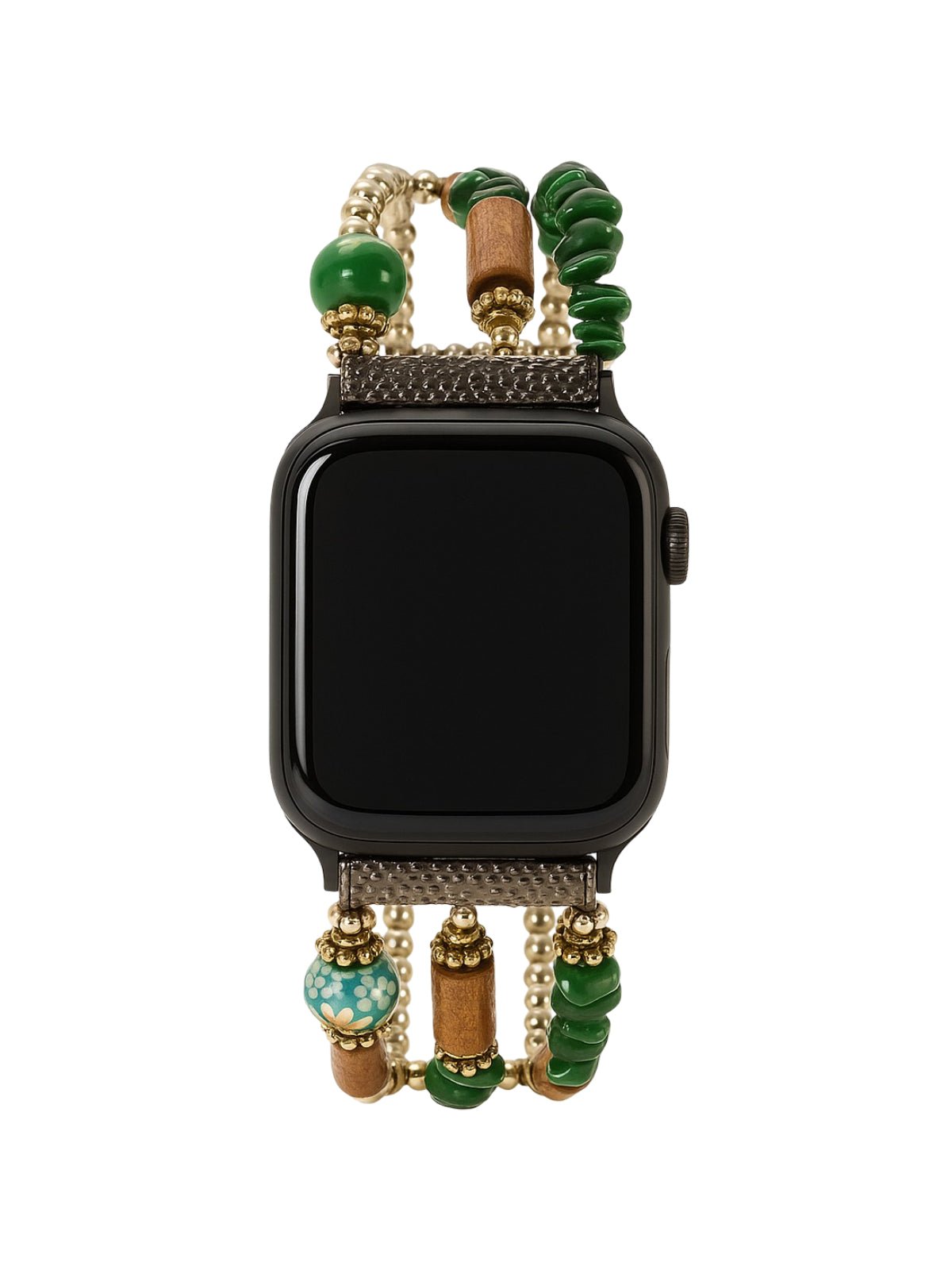 Bracelet Apple Watch femme en pierres d'agate vertes et bois, perles de céramique, élastique, modèle Véro - Bracelet Apple Watch - Multicolore 38 à 42mm