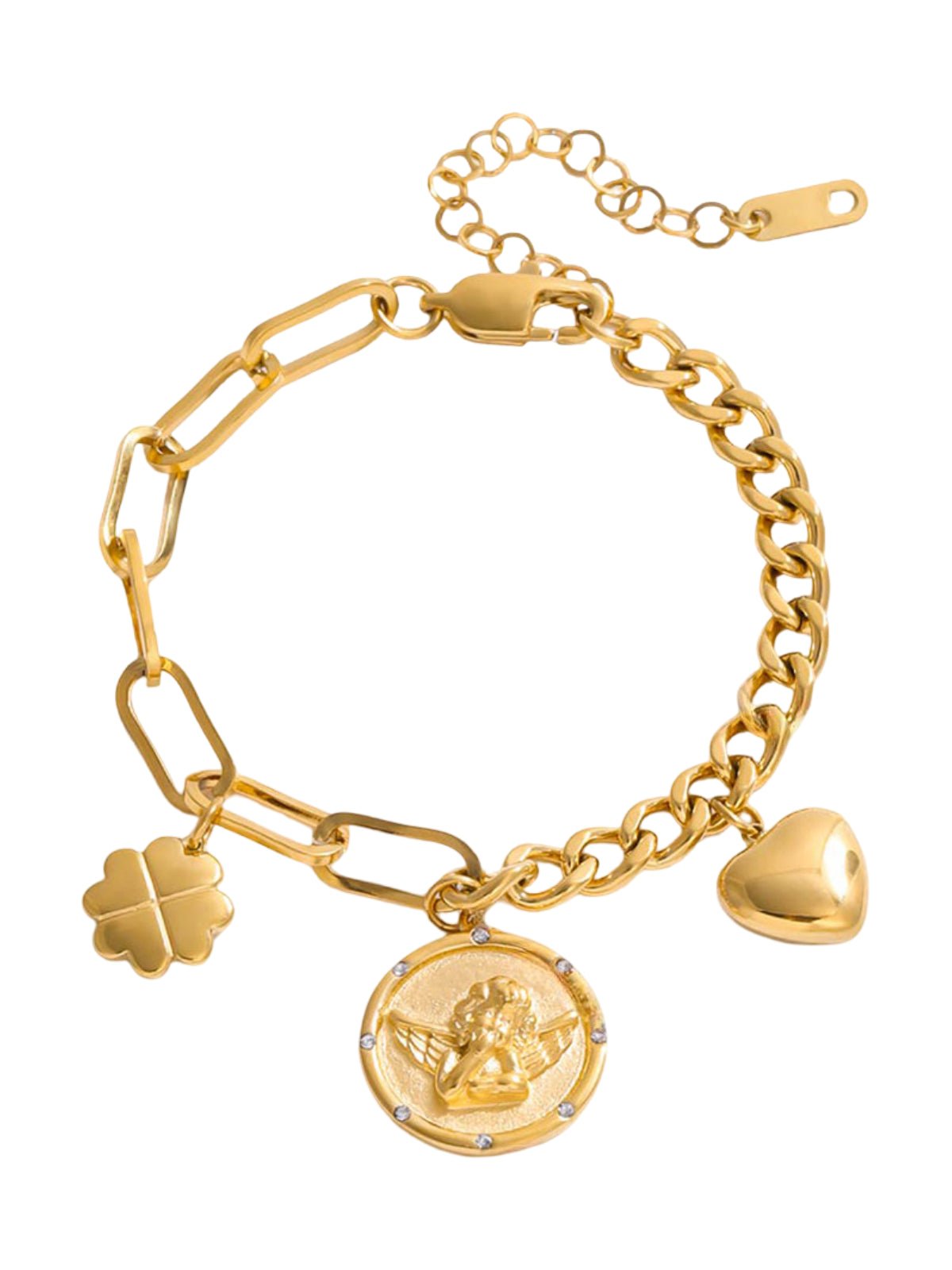 Bracelet chaîne dorée, médaillon ange, breloques cœur et trèfle, acier inoxydable, modèle Apoline - Boucles d'oreilles - Or