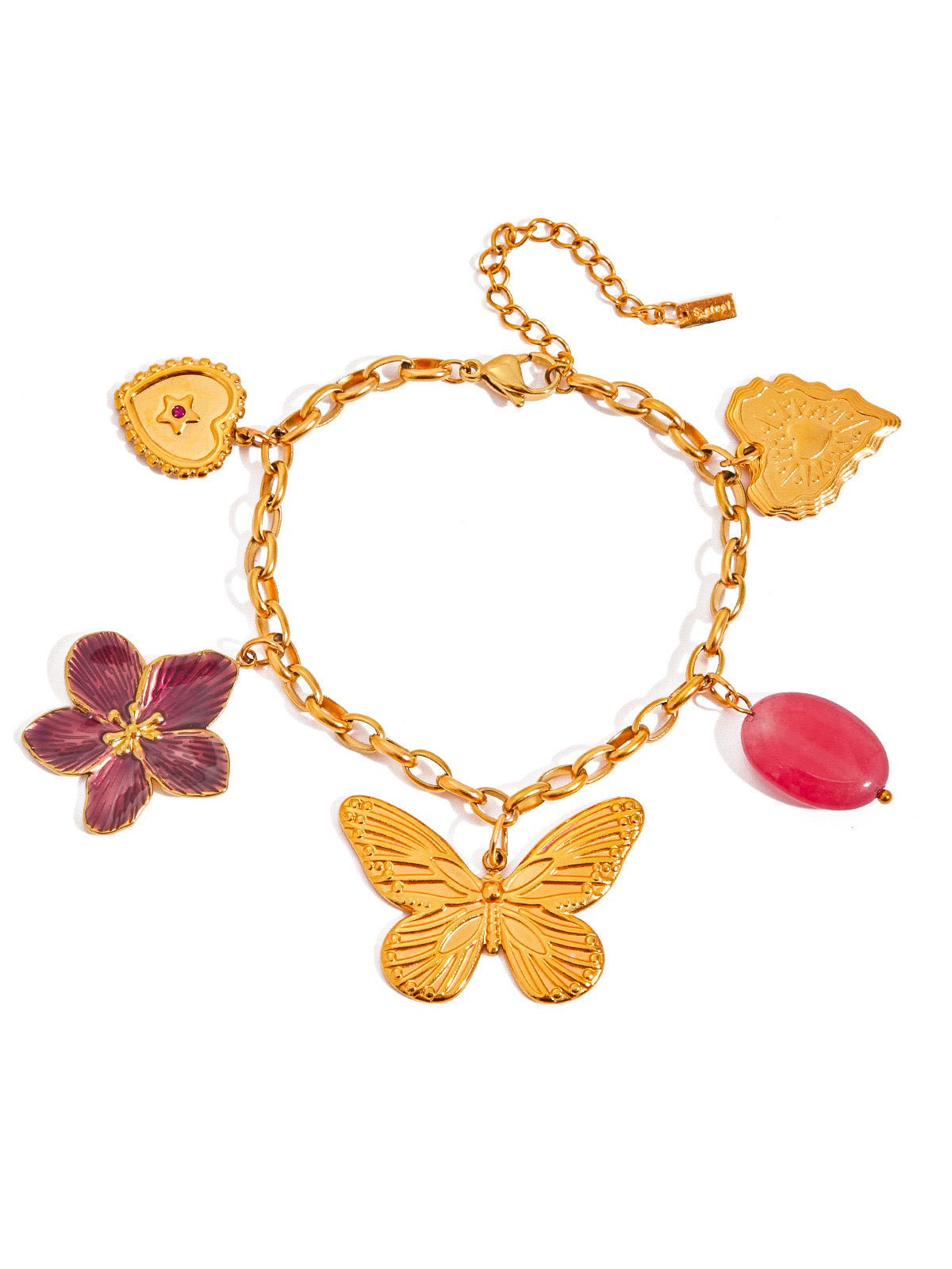 Bracelet chaîne dorée, papillon doré, fleur émaillée rouge, perle ovale rose, acier inoxydable, modèle Giulia - Boucles d'oreilles - Or