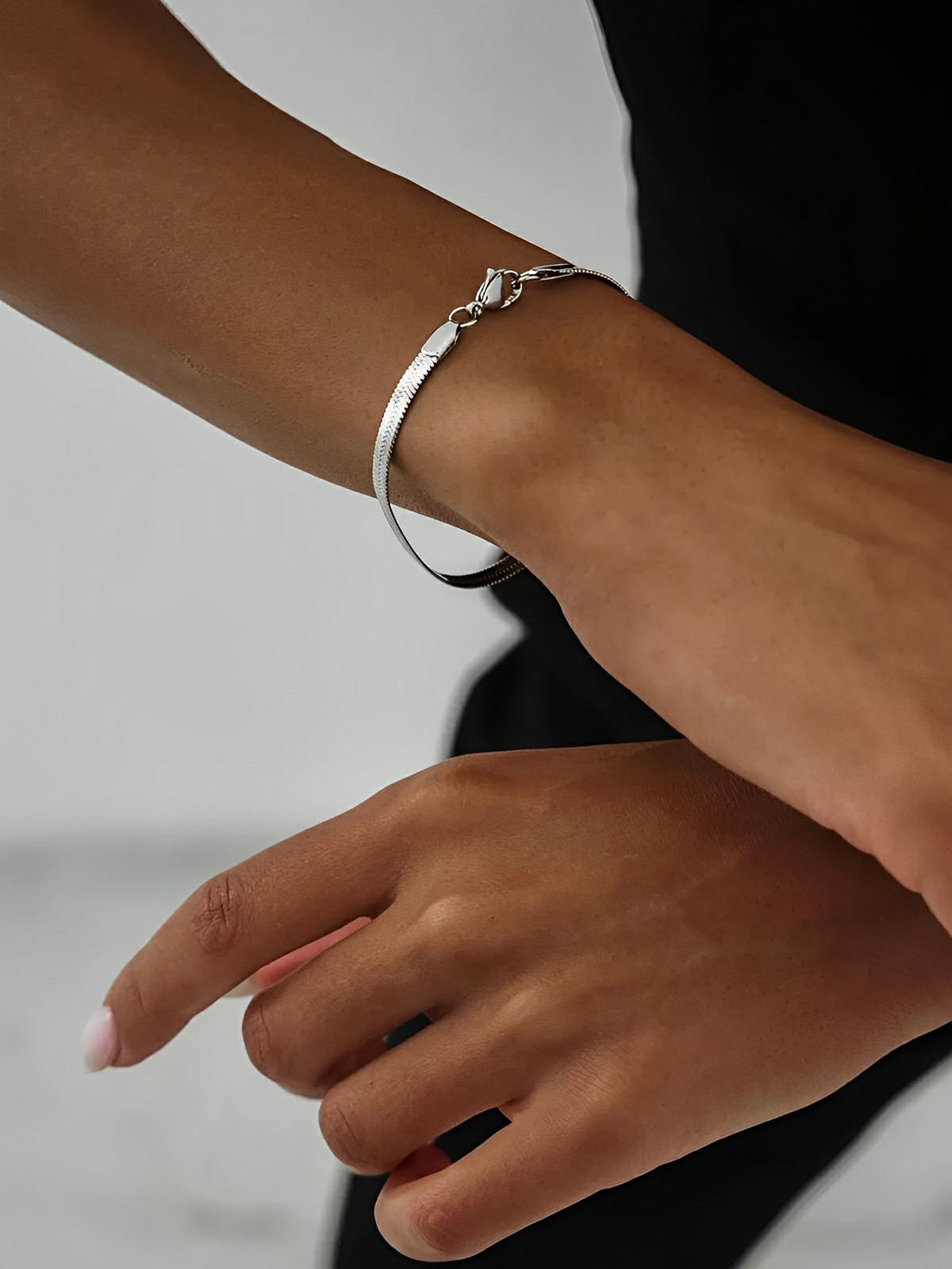 Bracelet chaîne plate snake, acier inoxydable, doré ou argenté, style minimaliste, 18 cm, modèle Luna - Bracelet - Argent