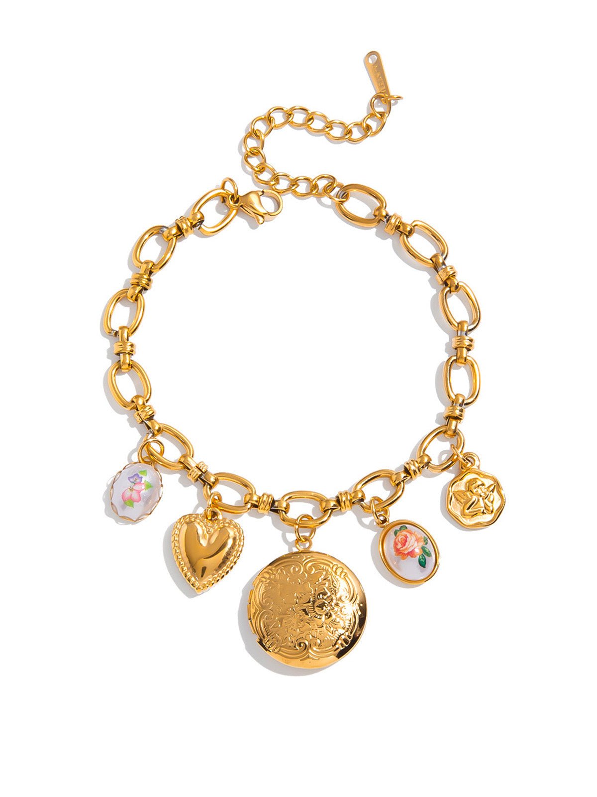 Bracelet charms doré, cœur gravé, médaillon photo, acier inoxydable, perles émaillées, modèle Agathe - Boucles d'oreilles - Or