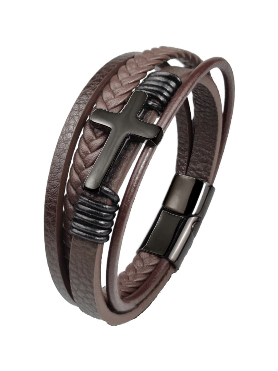 Bracelet cuir multi - rangs homme, croix chrétienne en métal, accessoire tendance, modèle Narcisse - Bracelet - Marron S