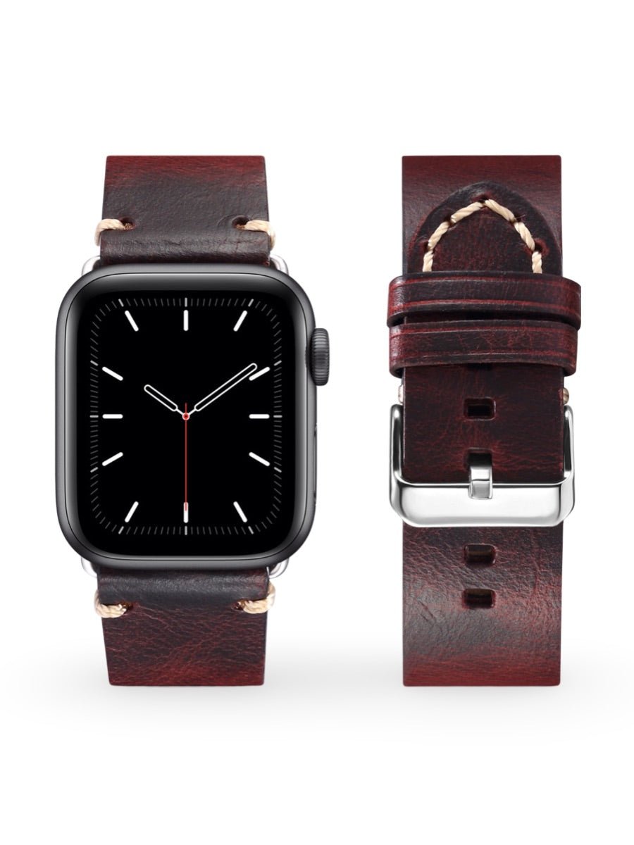 Bracelet cuir pleine fleur Apple Watch, acier inoxydable, aux coutures apparentes, modèle Josselin - Bracelet Apple Watch - Marron 38 à 42mm