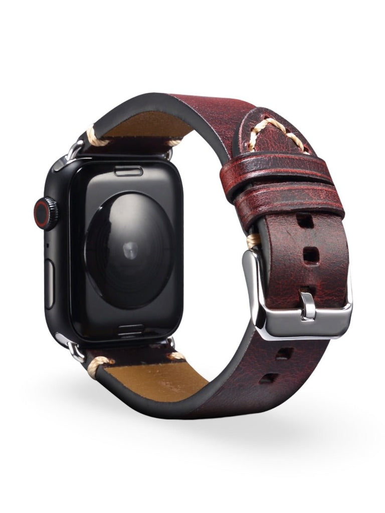 Bracelet cuir pleine fleur Apple Watch, acier inoxydable, aux coutures apparentes, modèle Josselin - Bracelet Apple Watch - Marron 38 à 42mm