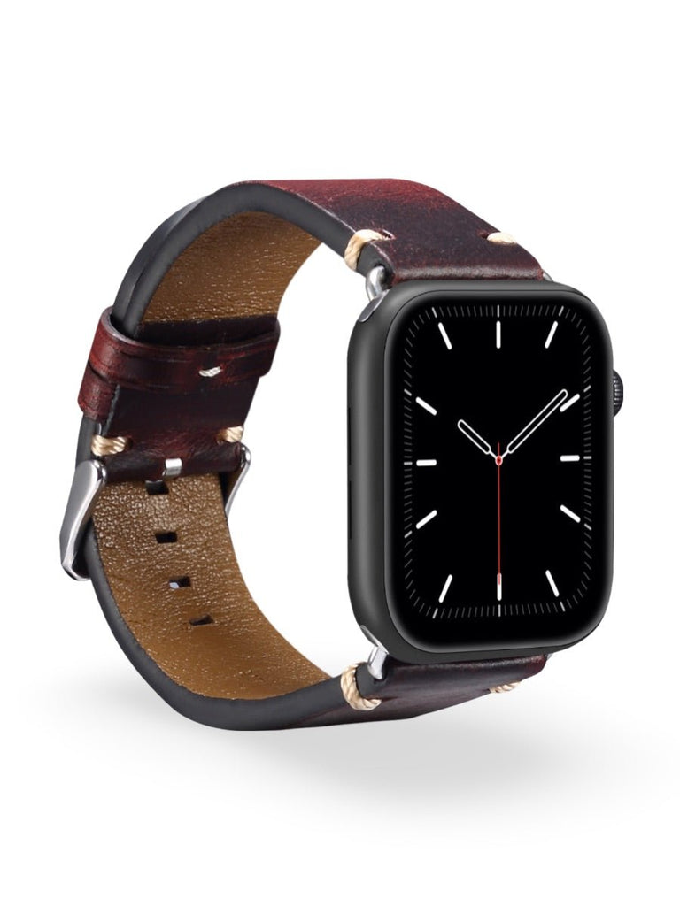 Bracelet cuir pleine fleur Apple Watch, acier inoxydable, aux coutures apparentes, modèle Josselin - Bracelet Apple Watch - Marron 38 à 42mm