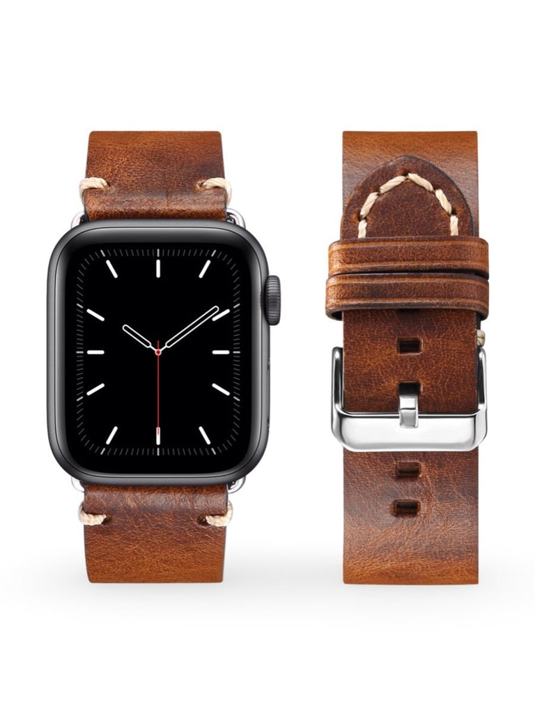 Bracelet cuir pleine fleur Apple Watch, acier inoxydable, aux coutures apparentes, modèle Josselin - Bracelet Apple Watch - Marron 38 à 42mm