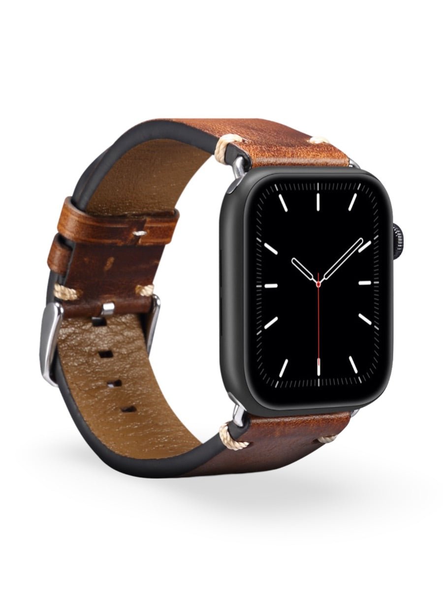 Bracelet cuir pleine fleur Apple Watch, acier inoxydable, aux coutures apparentes, modèle Josselin - Bracelet Apple Watch - Marron 38 à 42mm