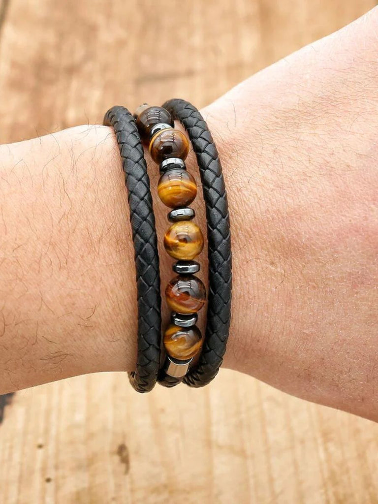 Bracelet cuir tressé homme, pierre naturelle œil de tigre ou agate, fermoir magnétique, style moderne et robuste, modèle Damien - Bracelet - Œil de tigre S