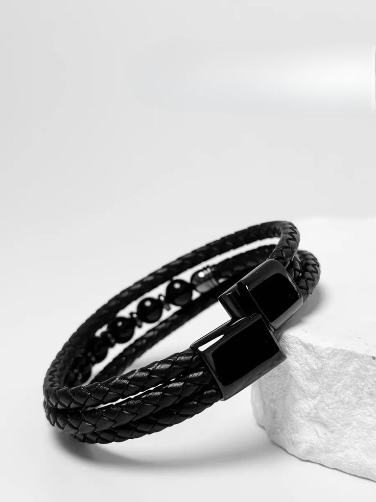 Bracelet cuir tressé homme, pierre naturelle œil de tigre ou agate, fermoir magnétique, style moderne et robuste, modèle Damien - Bracelet - Agate noire S