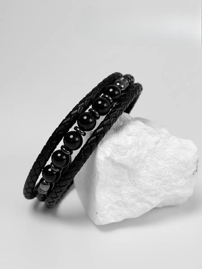 Bracelet cuir tressé homme, pierre naturelle œil de tigre ou agate, fermoir magnétique, style moderne et robuste, modèle Damien - Bracelet - Agate noire S