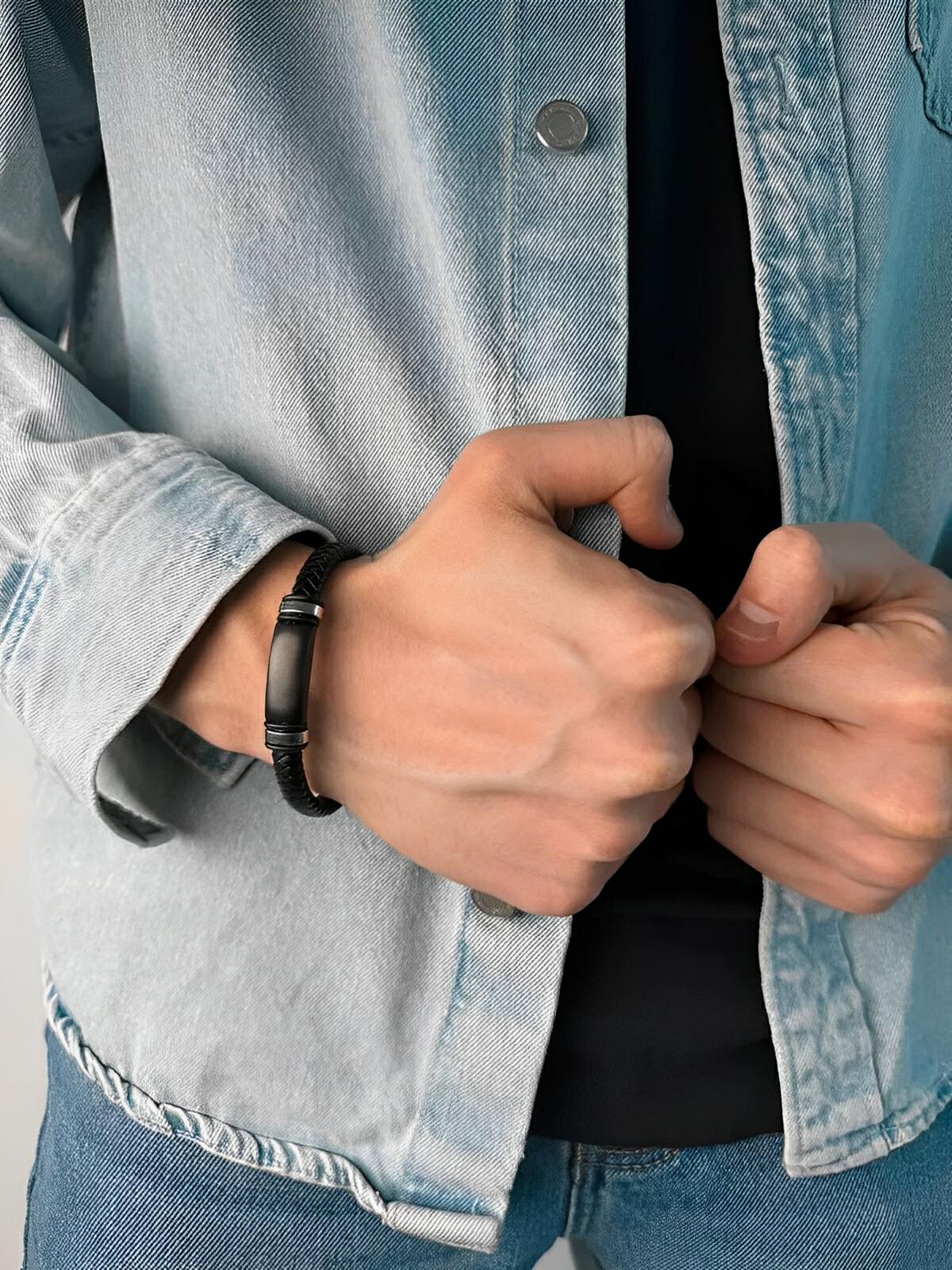 Bracelet cuir tressé homme, style gourmette minimaliste, accessoire élégant, modèle Georges - Bracelet - Noir S