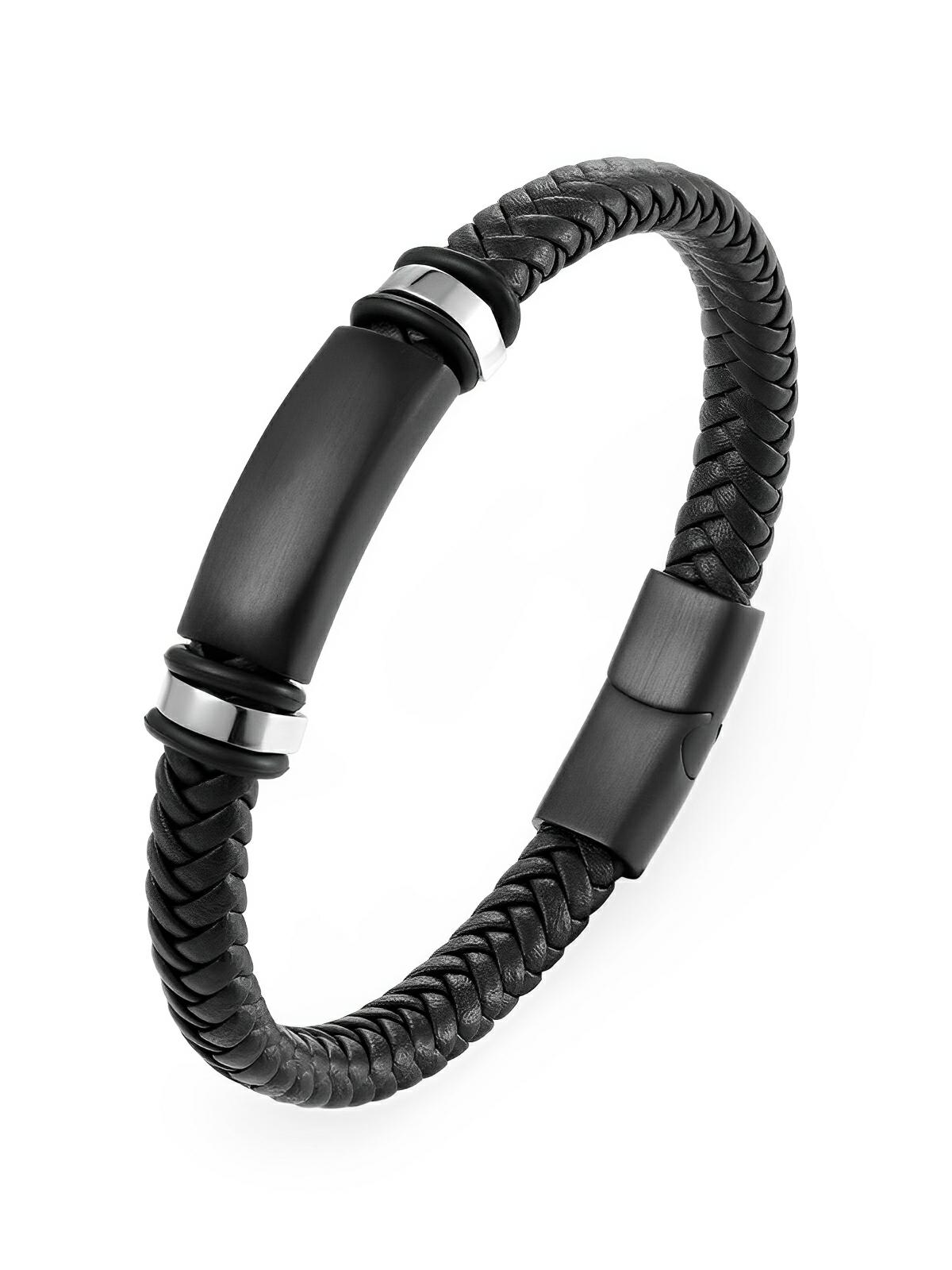 Bracelet cuir tressé homme, style gourmette minimaliste, accessoire élégant, modèle Georges - Bracelet - Noir S